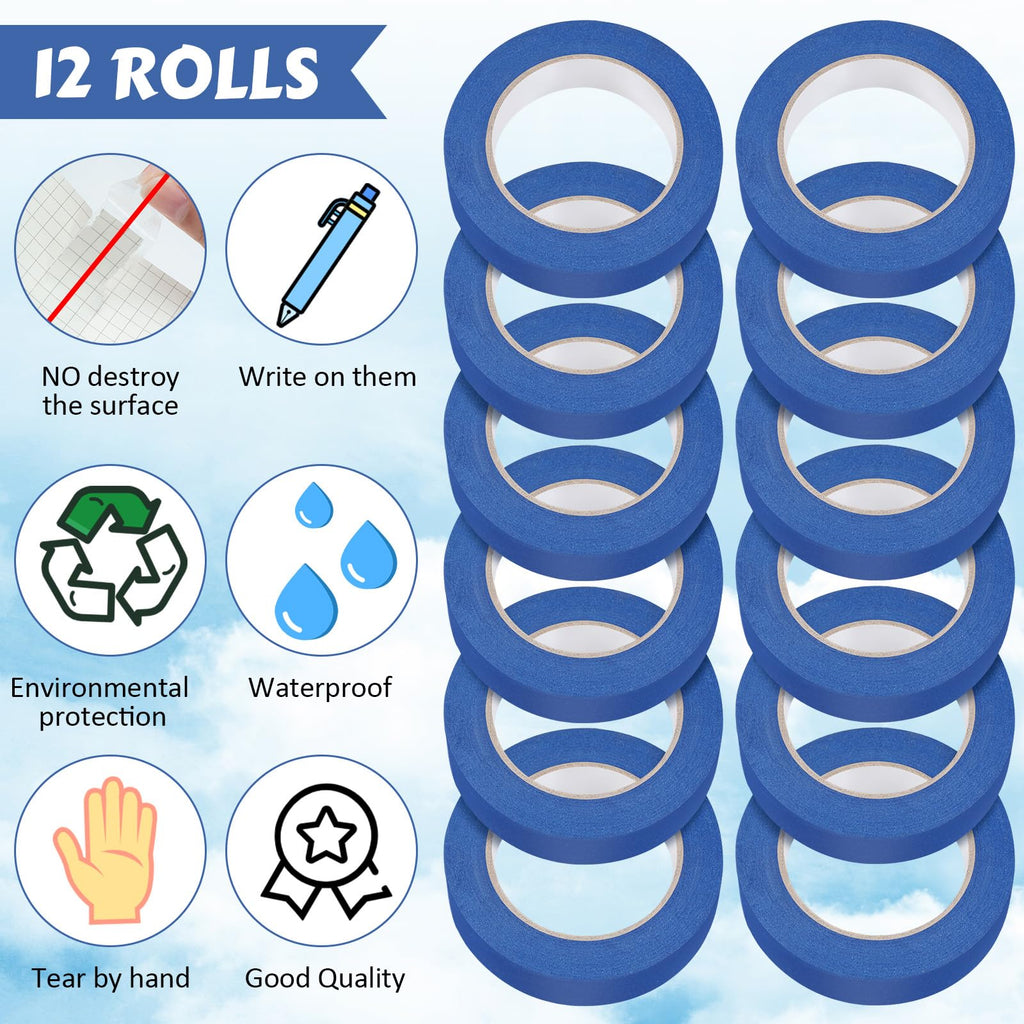 Fainne 12 Rolls Blue Painters Tape Bulk Multi Pack Safe Paint Paper Masking Tape for Wall Painting Decoration Supplies (Blue,1 Inch X 55 Yards)