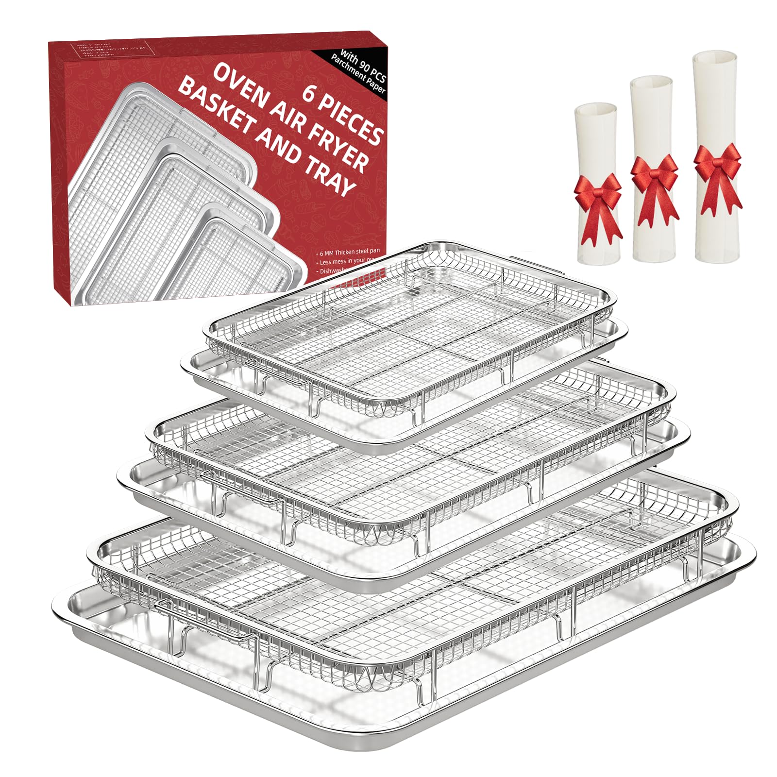 Air Fryer Basket for Oven, Large14.88"×10.98"Air Fryer Pans for Convection Oven with 30 Sheet Parchment Papers, THORSES Non-Stick Stainless Steel Air Fryer Basket and Tray for Multi Cooking - Black