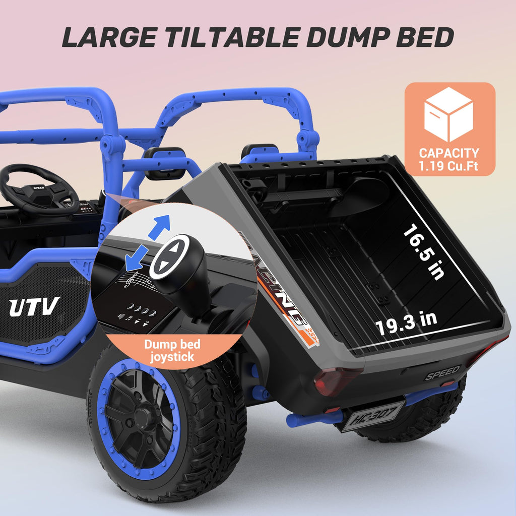 ANPABO 24V 2 Seater Ride On Dump Truck, 4x75W, Max 5 Mph, EVA Tire, Kids Electric Car with Electric Dump Bed, Shovel, Music, Ride on Toy for Big Kids w/Parent Remote Control for Ages 3-8, Blue