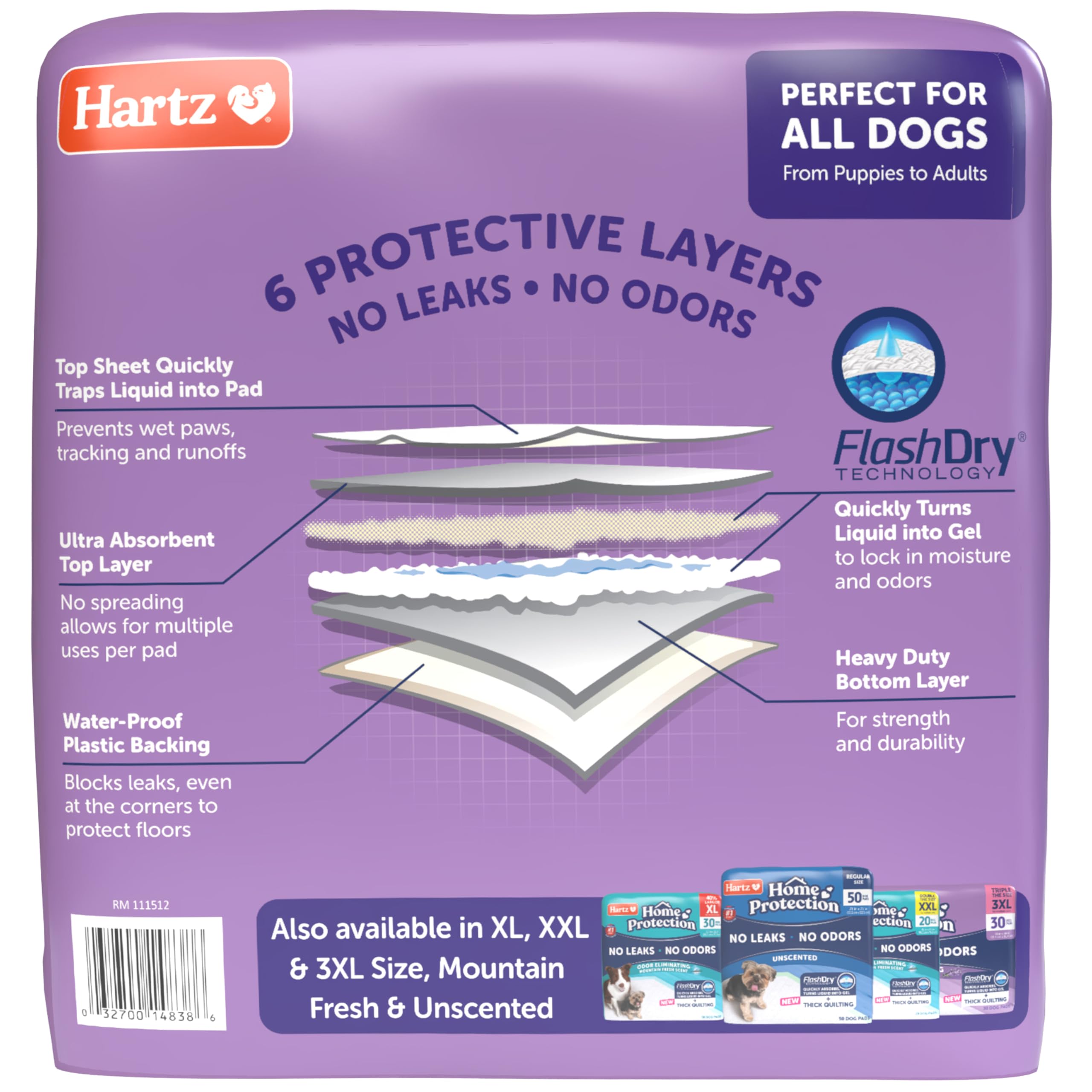 Hartz Home Protection Super Absorbent Odor Eliminating Lavender Scented No Leak Dog Pads, 50 count