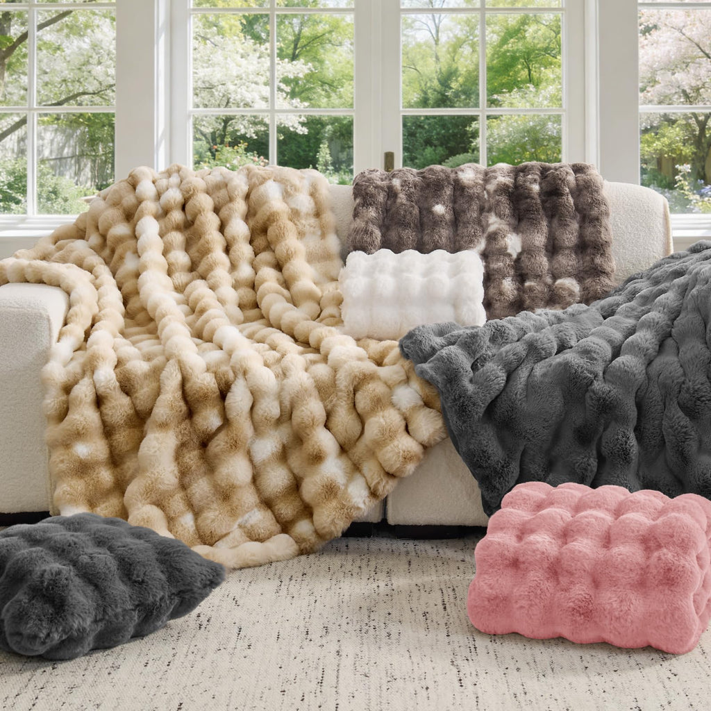 BEDELITE Faux Fur Throw Blanket, Soft Cozy Plush Dark Grey Bubble Blanket for Couch Sofa Bedroom Living Room Decor - 870GSM Thick Warm Fuzzy Fluffy Faux Rabbit Fur Blanket, 50x60 Inches
