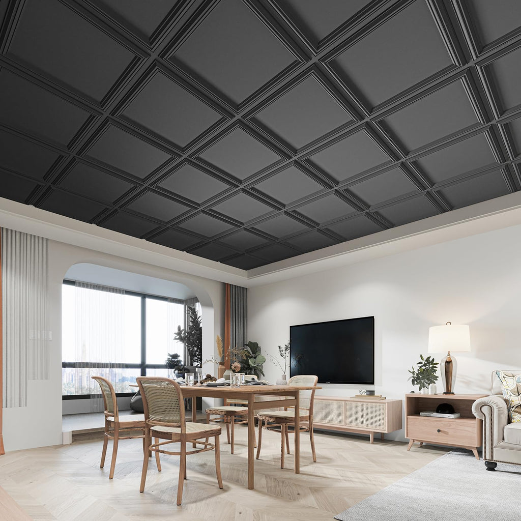 Art3d Drop Ceiling Tiles 24x24in. (12-Pack, 48 Sq.ft), Wainscoting Panels Glue Up 2ft x 2ft for Interior Décor in Living Room, Bedroom & Office, Star Black