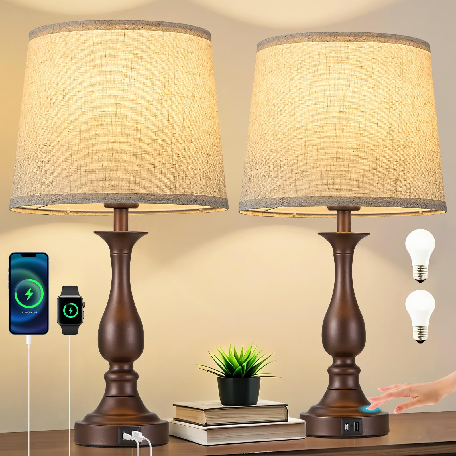 Bedside Table Lamp Touch Control Bedroom Lamps with USB A and C Charging Port 3 Way Dimmable Touch Lamps for Nightstand Living Room Bedroom Dorm Home Office Reading, Set of 2