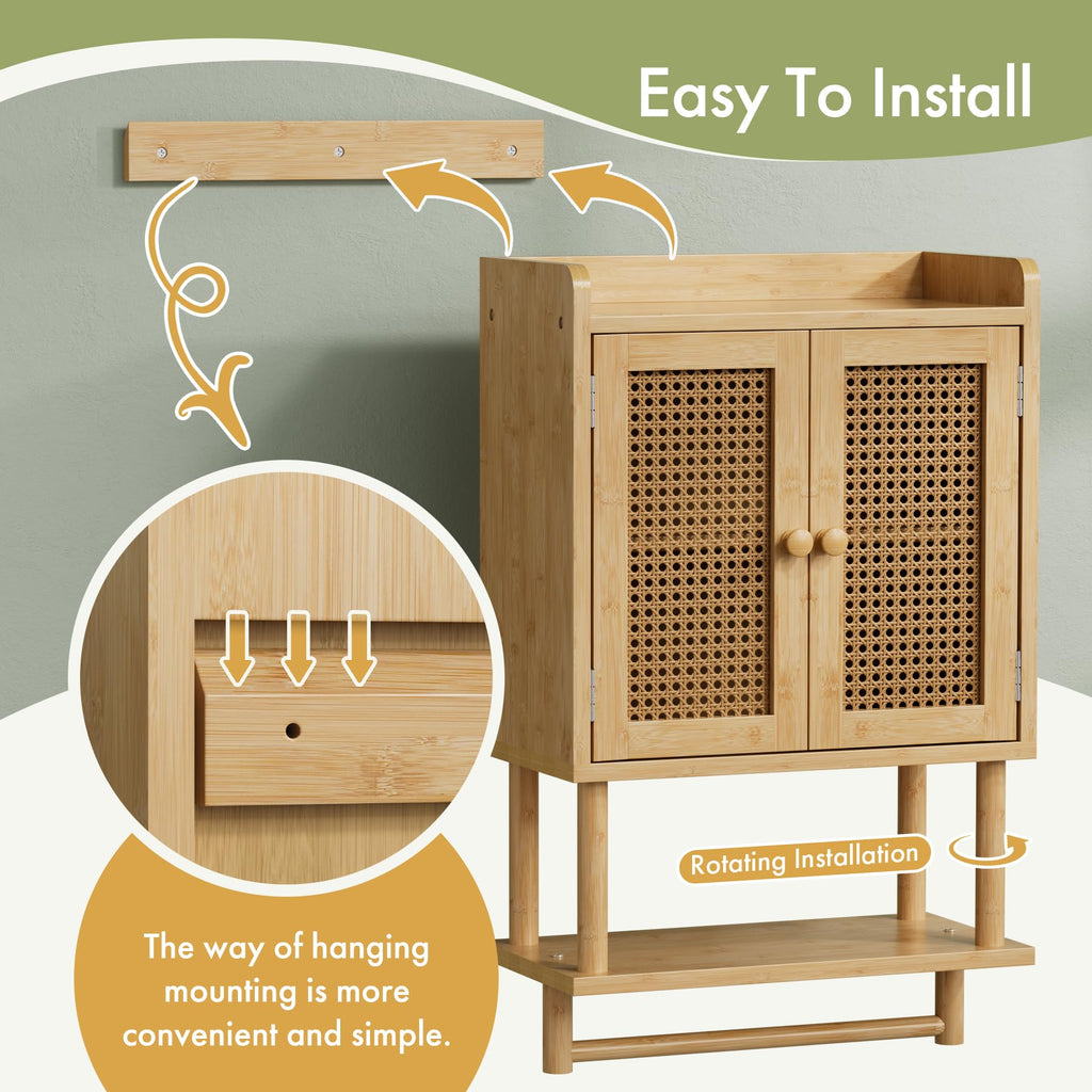 AmazerBath Bathroom Wall Cabinets, Bamboo Medicine Cabinet with Rattan Door, Over The Toilet Storage Cabinet with Towel Bar, Wall Mounted Cabinet with Adjustable Shelves for Small Spaces