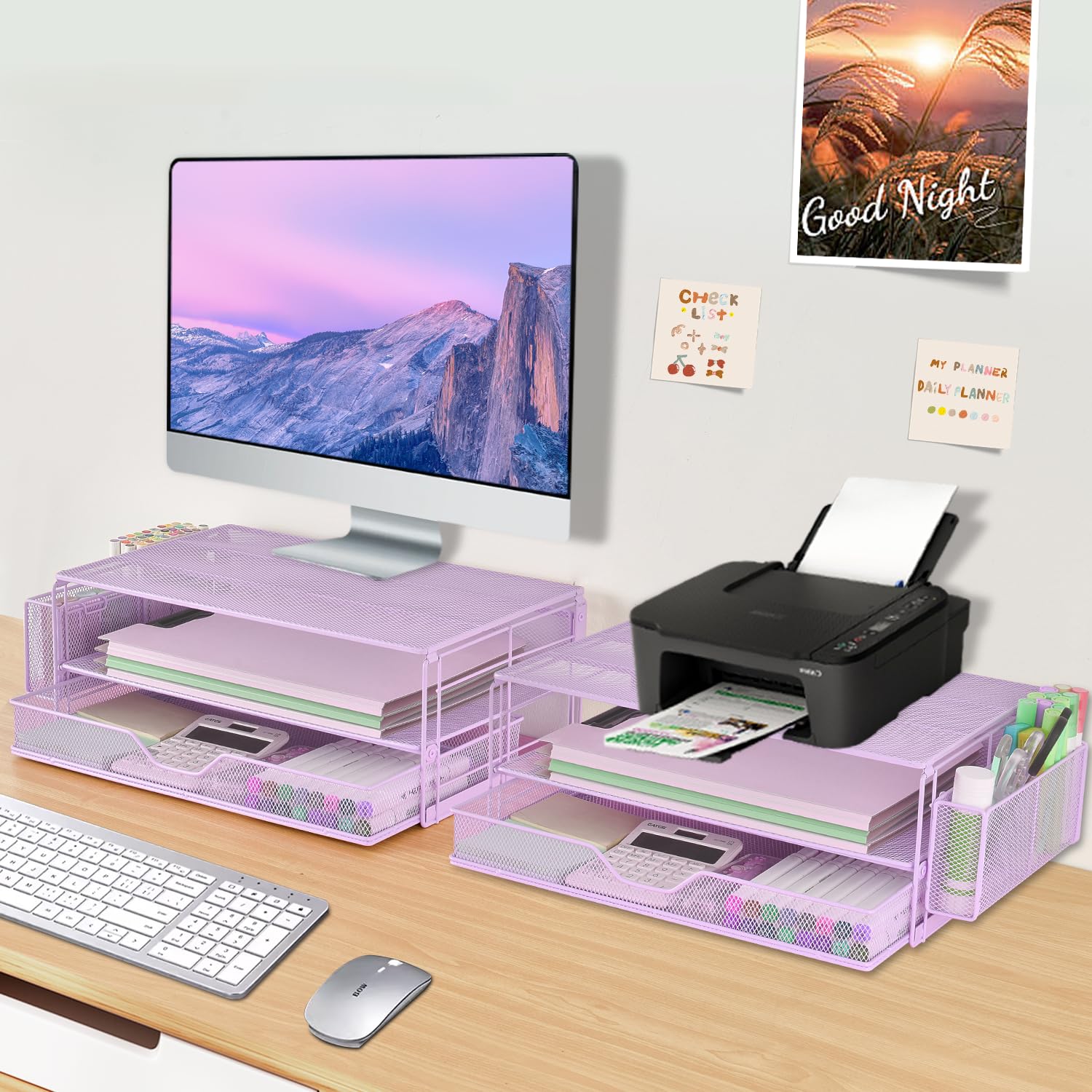 AUPSEN 2 Tier Computer Monitor Stands with Drawer and 2 Pencil Holder, Metal Monitor Stand Monitor riser, Computer Desk Organizer and Accessories for Laptop, Computer, Printer, Office Supplies(Black)