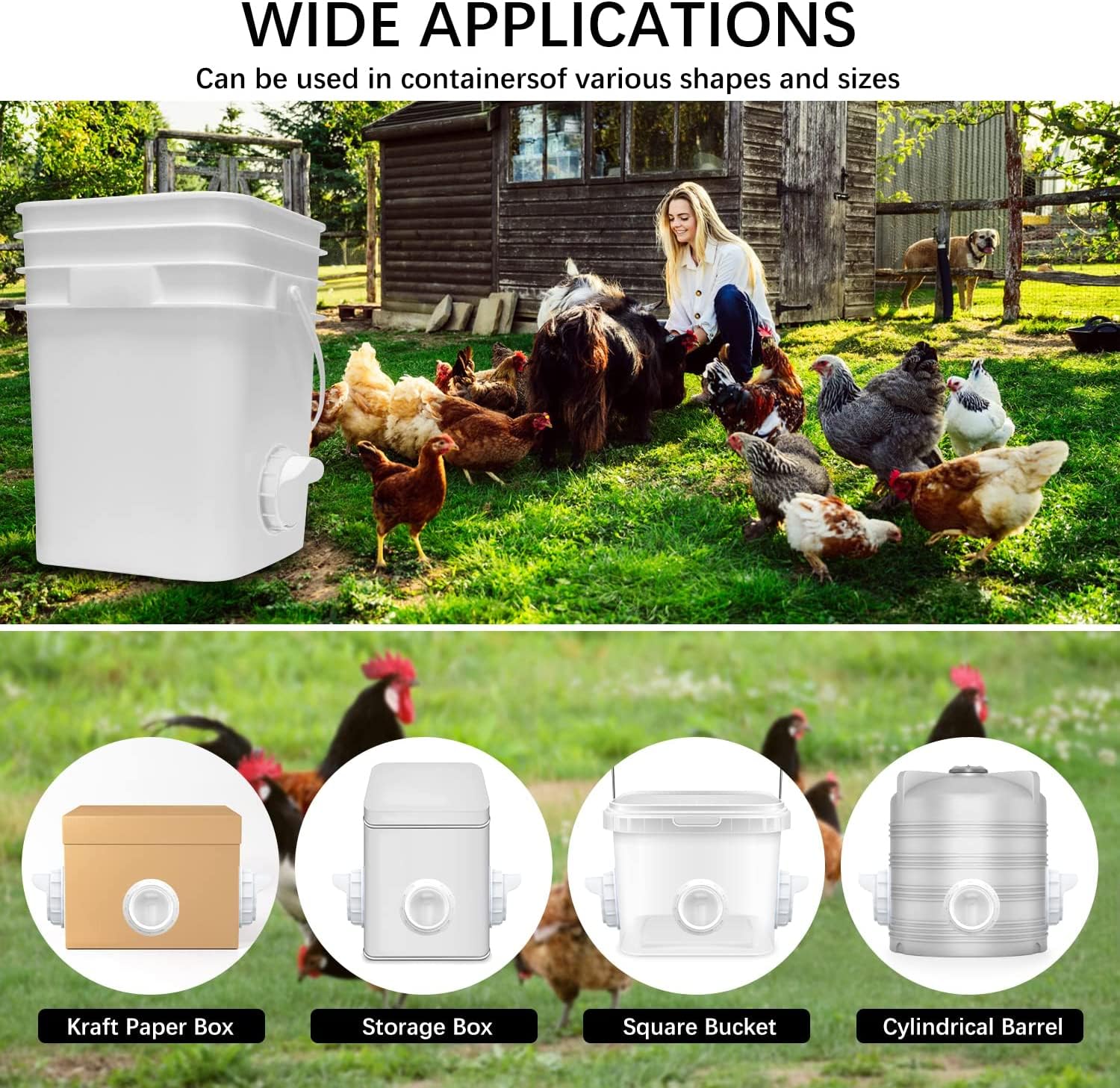 Chicken Feeder Port, 6 Pack Chicken Feeders No Waste with 6 Lids 1 Drill Bit, DIY Automatic Poultry Feeder Cups Kit, Chicken Bucket Feeder for Barrels (White)