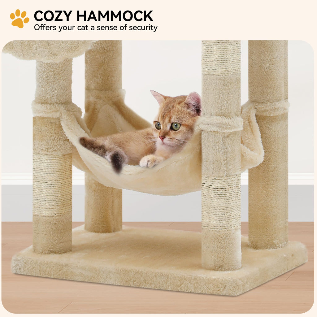 YITAHOME 44in Multi-Level Cat Tree for Indoor Kittens, Cat Furniture with Scratch Posts, Window Padded Plush Perch, Comfortable Hammock, and Interactive Pompoms, Beige