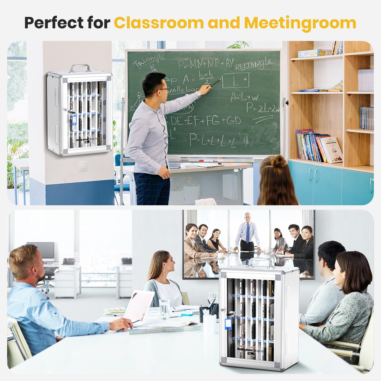 Glosen Cell Phone Locker 24 Slots, Portable Phone Storage Cabinet [Wall Mounted] [Silver 24 Slots-Universal Key ] Aluminum Alloy Cellphone Lock Box with Key & Handle for School Classroom Office Exam