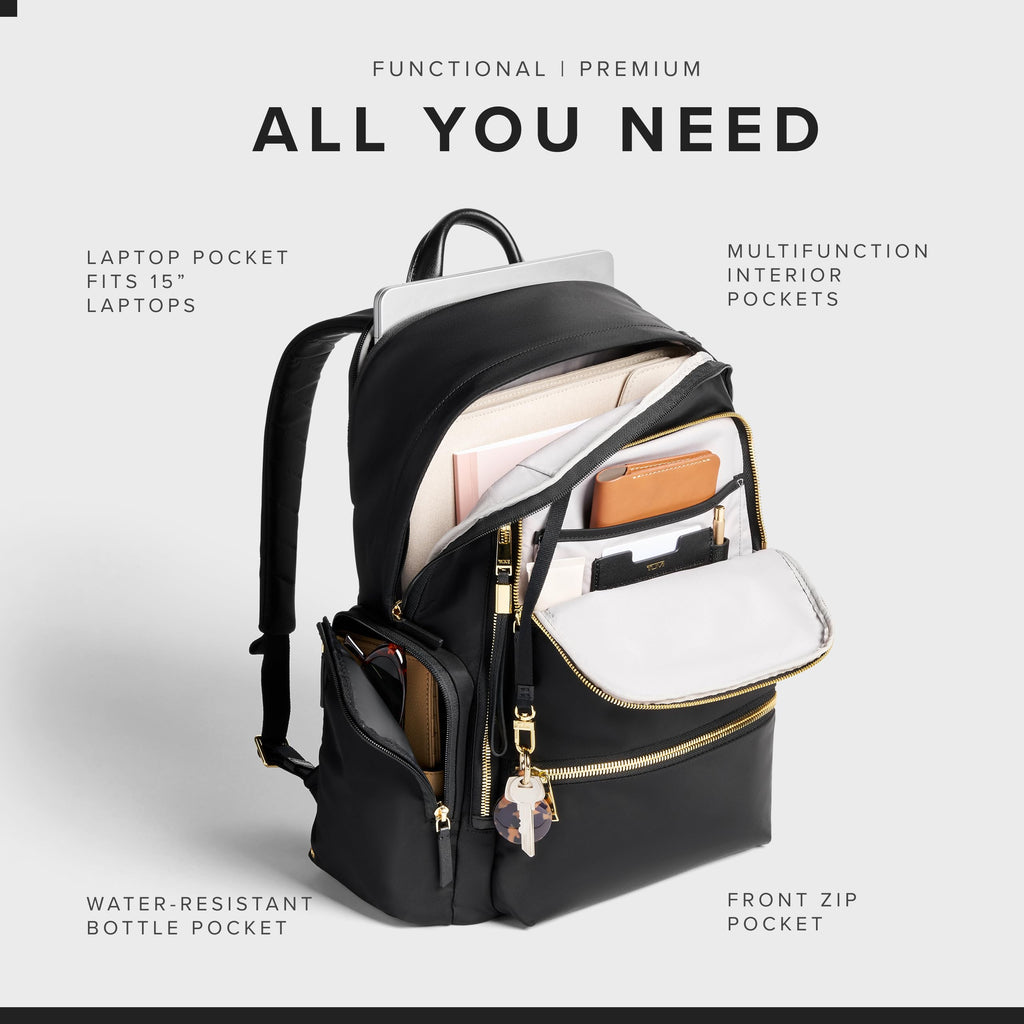 TUMI - Voyageur Celina Backpack - Women's Work and Travel Bag - 16.0" X 10.6" X 6.5" - Holds Up to 16" Laptop - Black & Gold Hardware