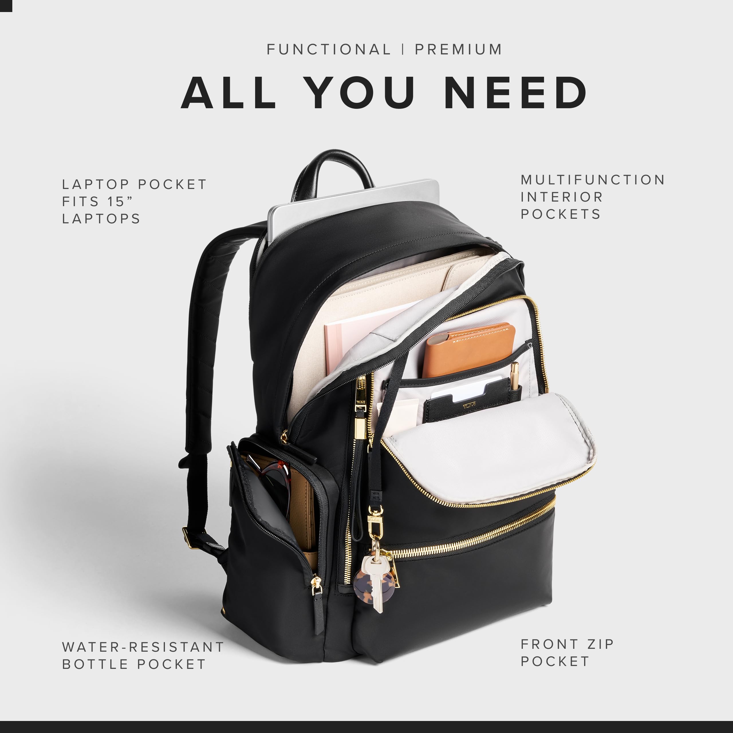 TUMI - Voyageur Celina Backpack - Women's Work and Travel Bag - 16.0" X 10.6" X 6.5" - Holds Up to 16" Laptop - Black & Gold Hardware