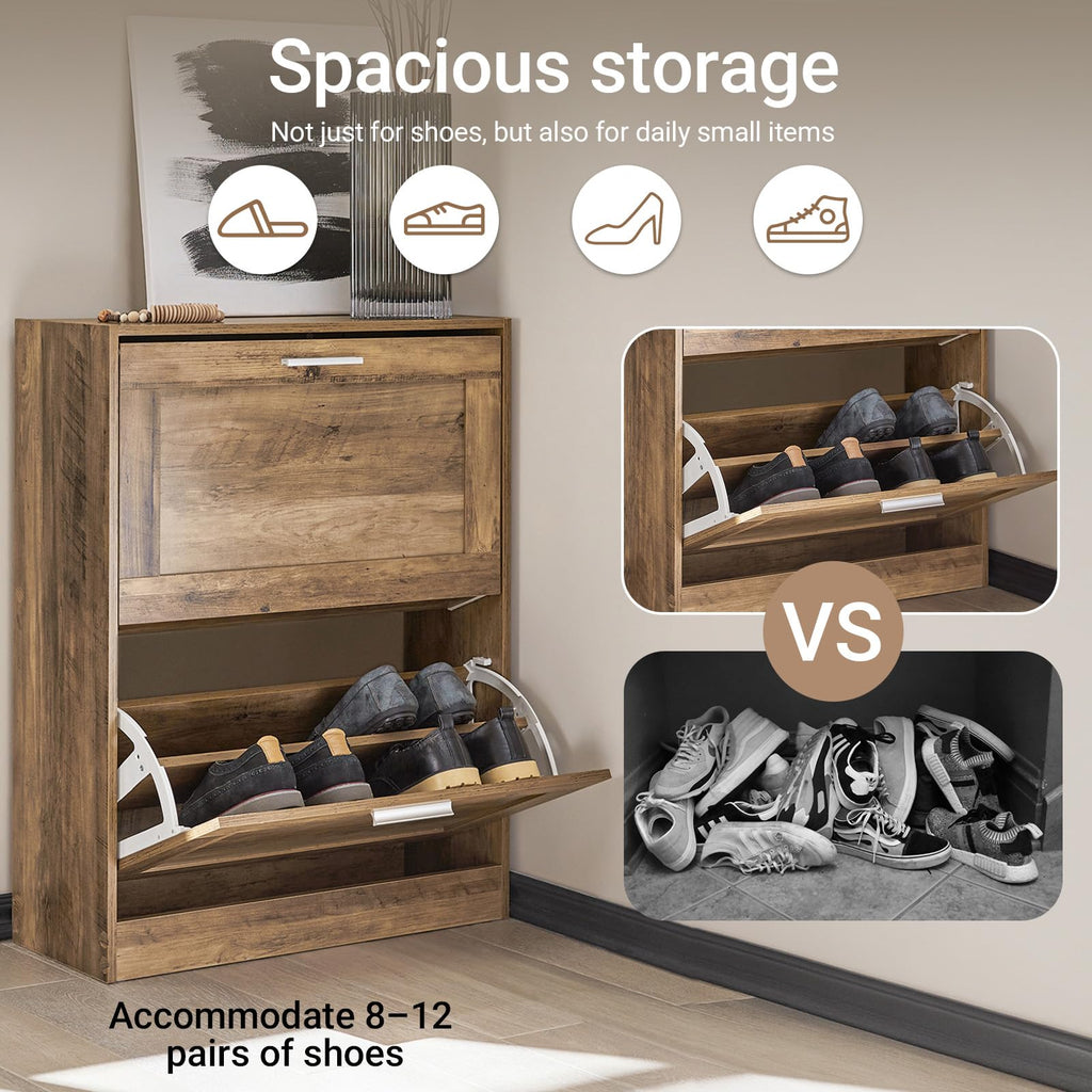 Haotian Shoe Cabinet Storage for Entryway, Narrow Shoe Cabinet with Two Flip Drawers to Save Space, Shoe Rack Cabinet for Front Door Entrance Hallway (Black)