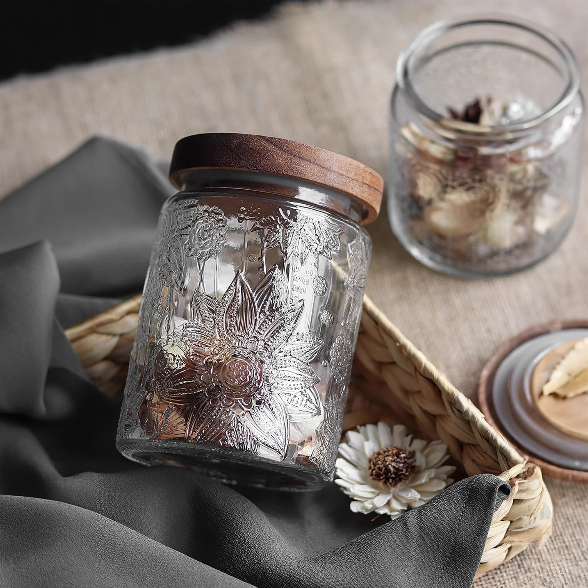 Custde Glass Storage Jars With Airtight Lid, 23.7oz Container For Kitchen Counter with Wooden Lid, brown sugar, candy, coffee, cookie, salt, tea, cute Jar (35oz Large Begonia Flowers)