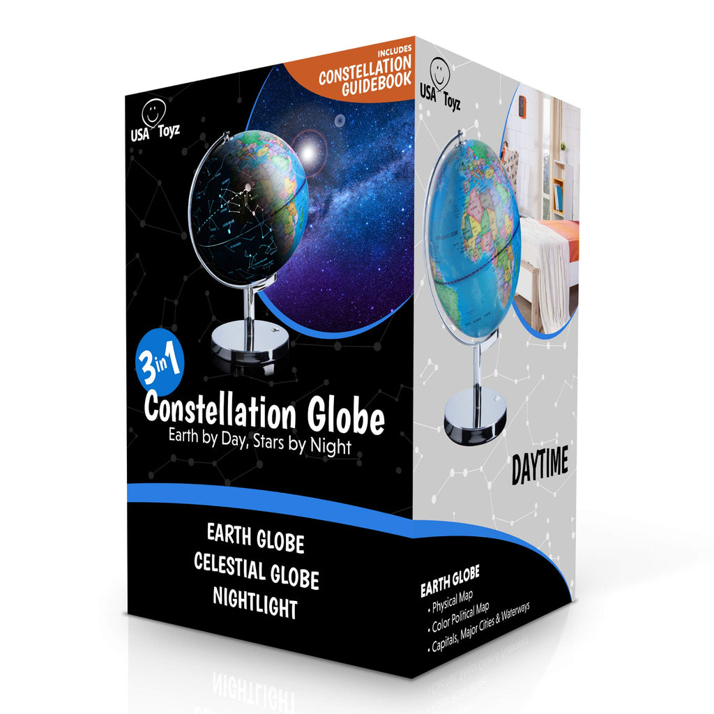 USA Toyz Illuminated Globe for Kids Learning- 3-in-1 STEM Globes of the World with Stand, Constellation Map, Built-in LED Night Light Desk Globe Lamp, Non-Tip Metal Base, 9.75” Tall, 7 Inch Diameter
