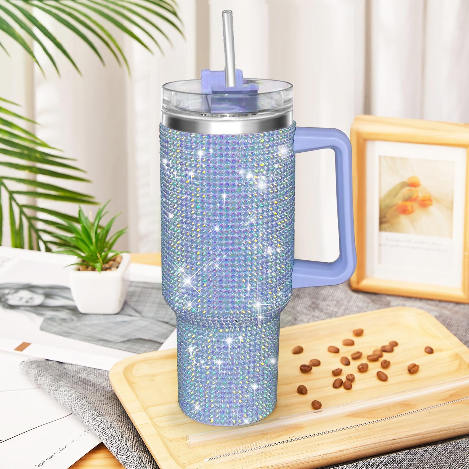 HWISDMIG 40oz Tumbler with Handle-Glitter Rhinestones Tumbler Bling Cups Stainless Steel Water Bottle Diamond Studded Tumbler for Women-Birthday Gifts for Women, Mom, Girlfriend (Amethyst)