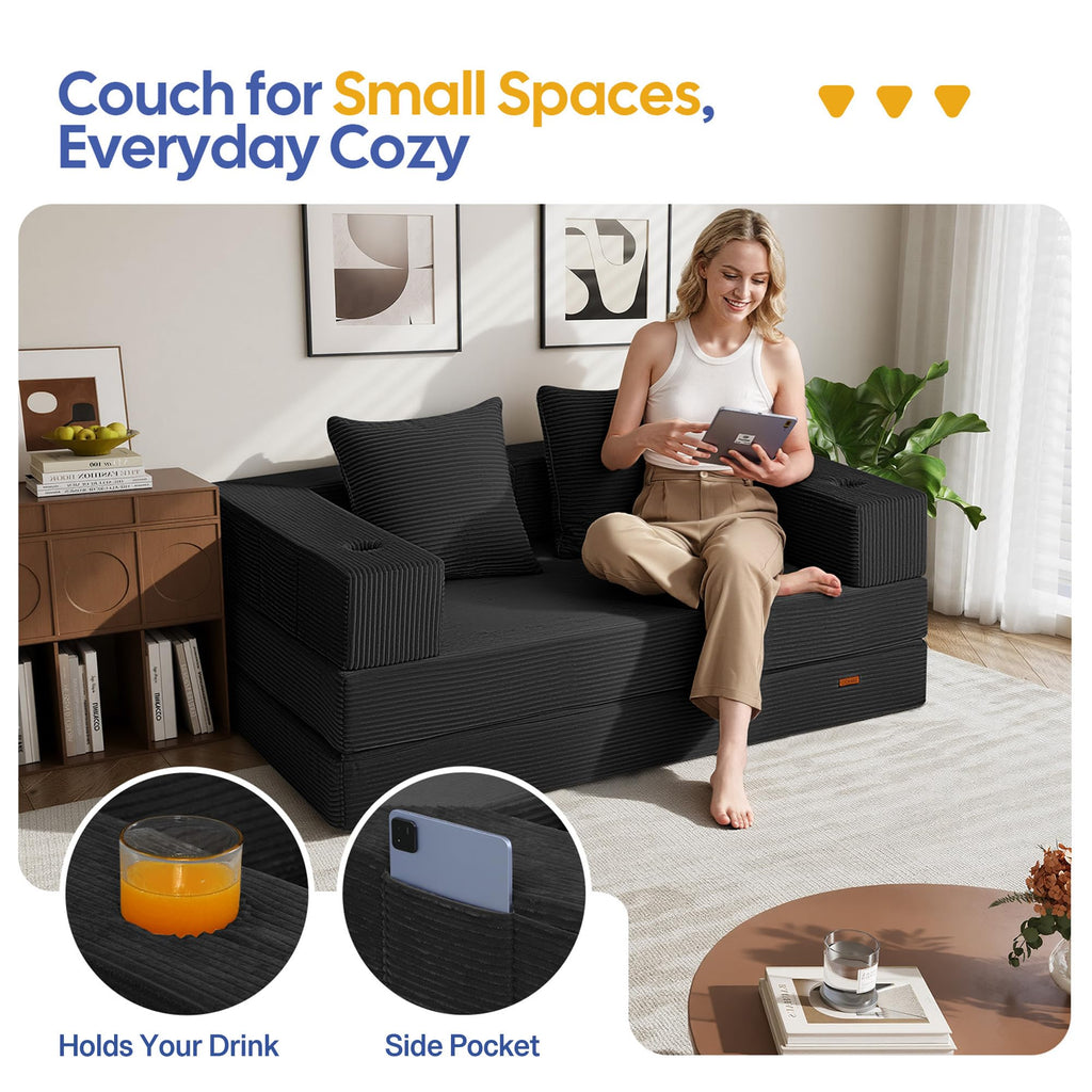 COMAX Futon Sofa Bed, 4‑in‑1 Convertible Sofa Bed, Folding Boneless Couches | Boneless Couch for living room, Fold Out Small Foldable Loveseat Floor Sleeper Mattress Lounge Space‑Saving, Ash Gray