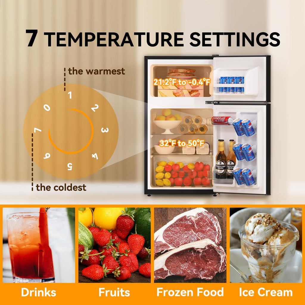 Mini Fridge with Freezer 3.2 Cu.Ft. 2 Door Refrigerator and Freezer Small Fridge for Bedroom Home Office Dorm, Small Drink Chiller, 37 dB Low Noise, Black