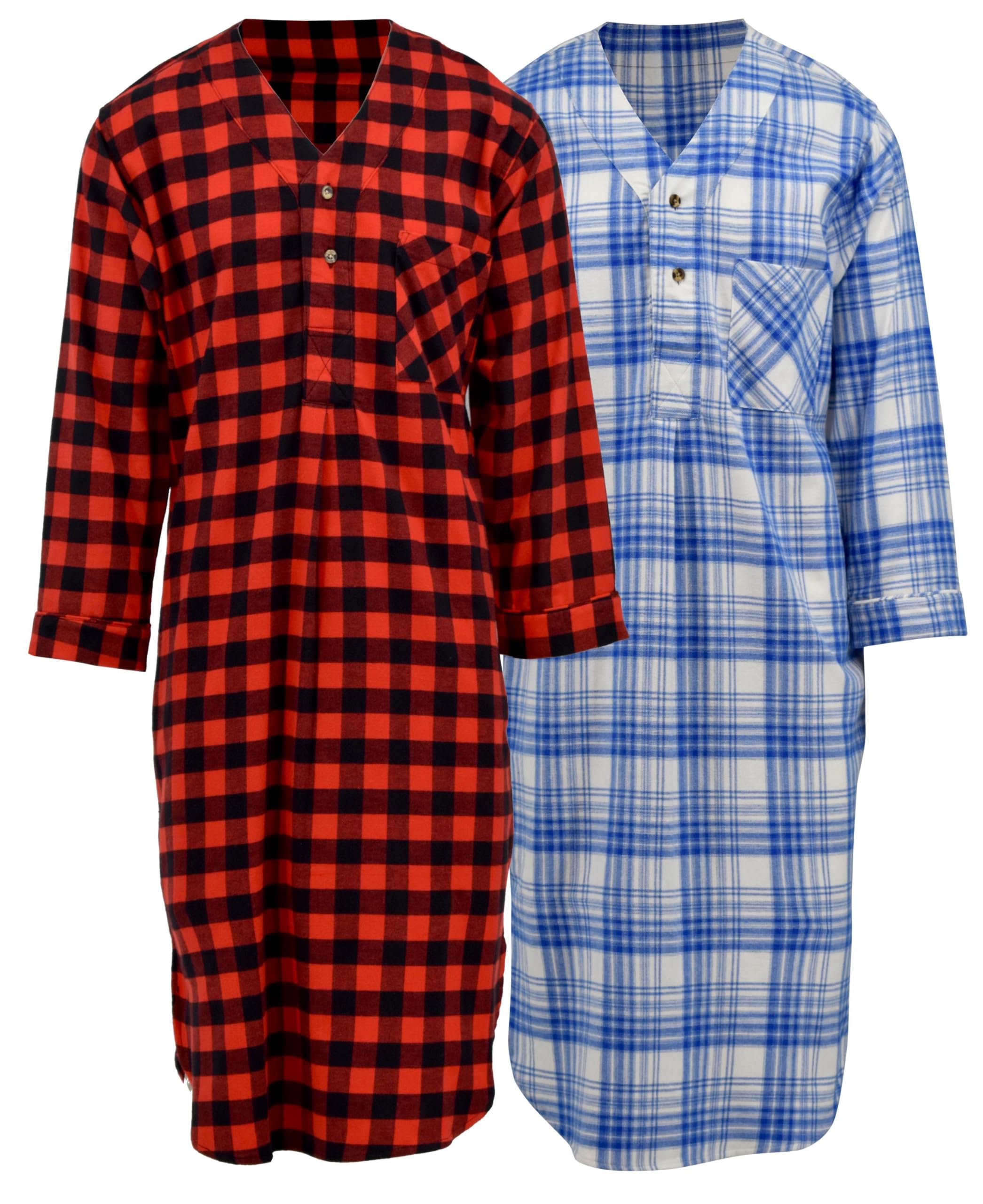 Andrew Scott Men's 2 Pack Lightweight Cotton Flannel Sleep Shirt, Long Henley Nightshirt Pajamas