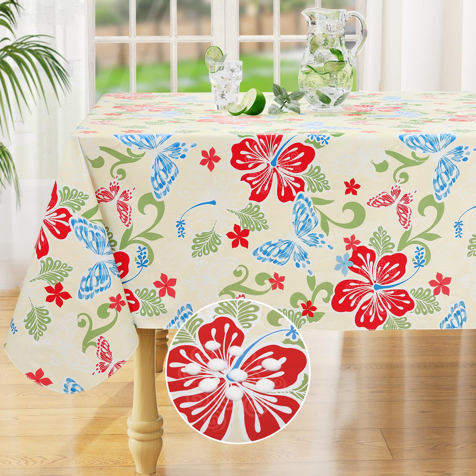 misaya Square Waterproof Vinyl Table Cloth, Wipeable Tablecloth with Flannel Backing, Plastic Table Cover for Dinner, Picnic, Indoor and Outdoor (Blue Leaves, 54" x 54")