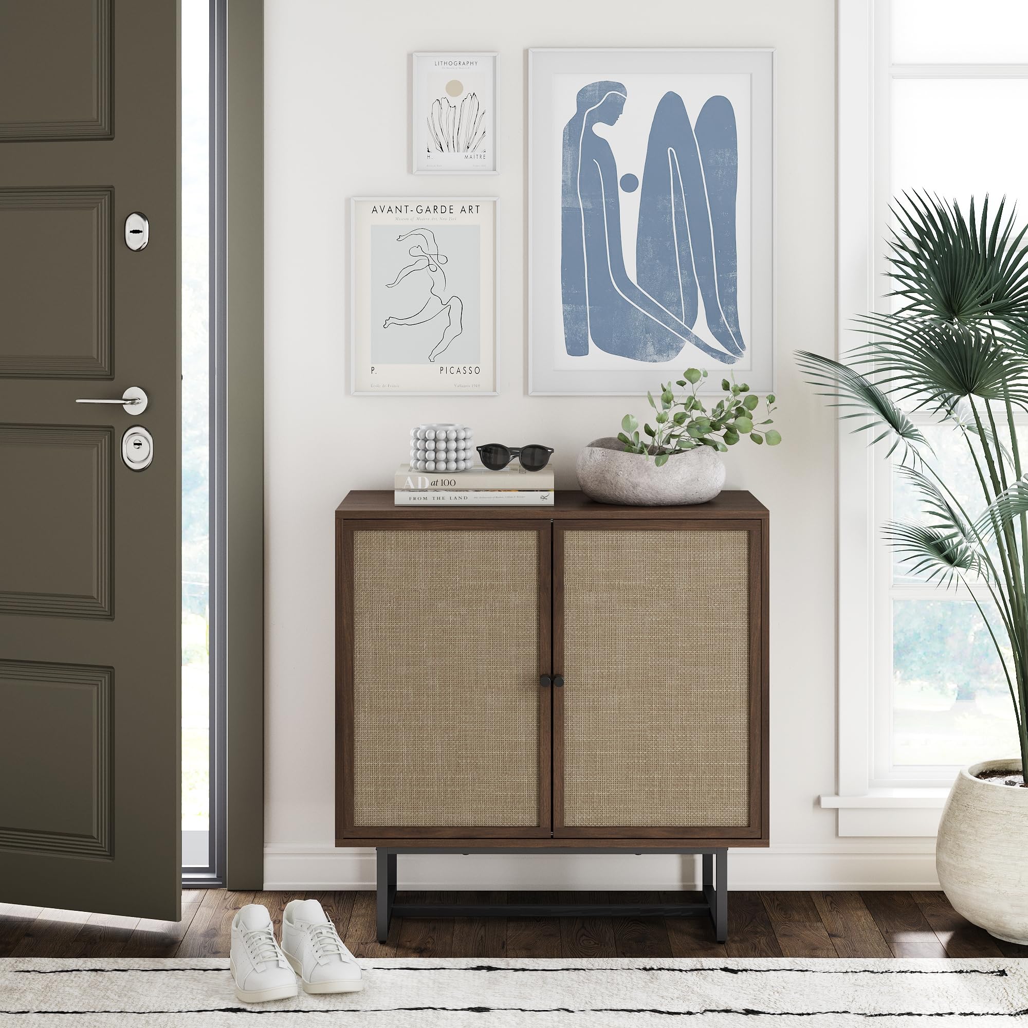 Nathan James Kova Rattan Wood Accent Sideboard Storage Cabinet with Matte Metal Frame, Adjustable Interior Shelves and Cane Doors, for Hallway, Entryway or Living Room, Black Oak/Cane