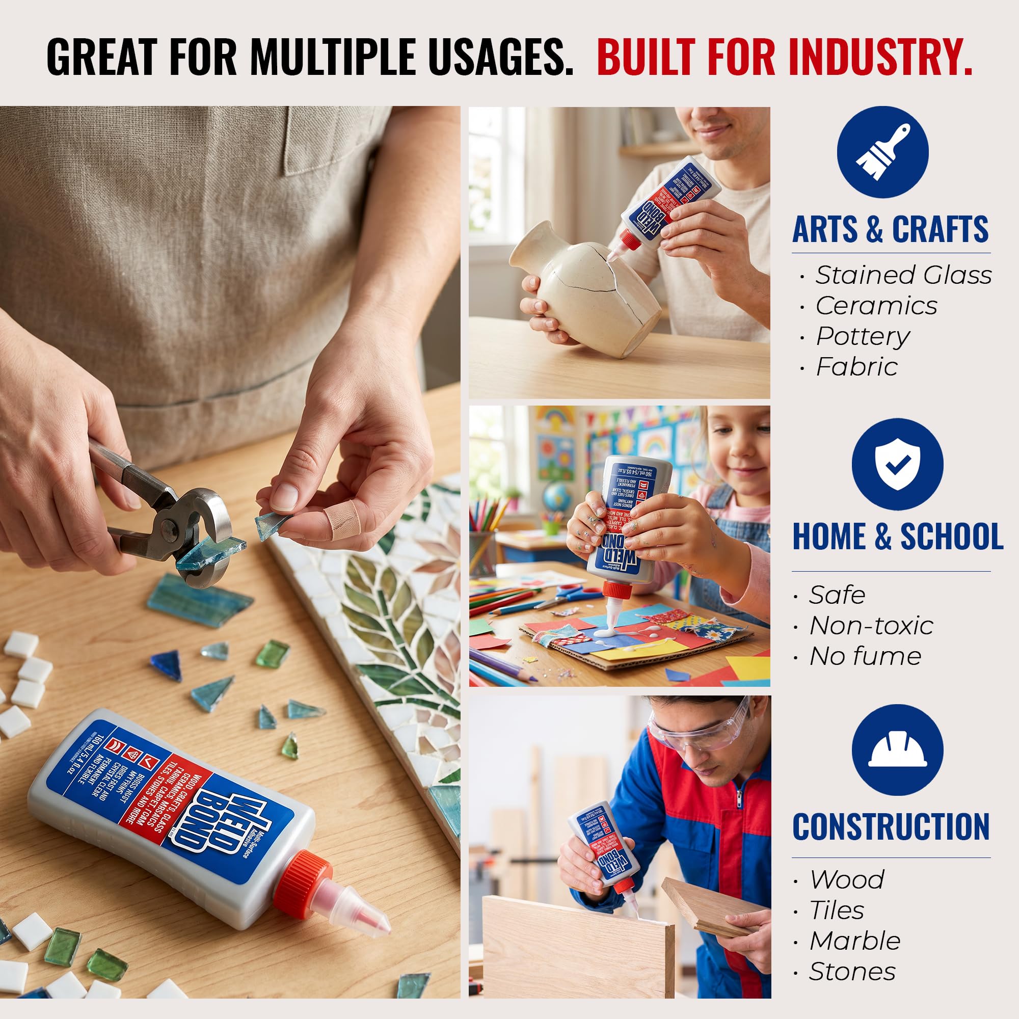 Weldbond Multi-Surface Strong Glue – Fast Drying Glue for Wood, Tile, Ceramic, Pottery, Glass & More – Heavy Duty Adhesive for Mosaic, Crafts, Wood Working & Repairs – 5.4oz (160ml), 1 Pack