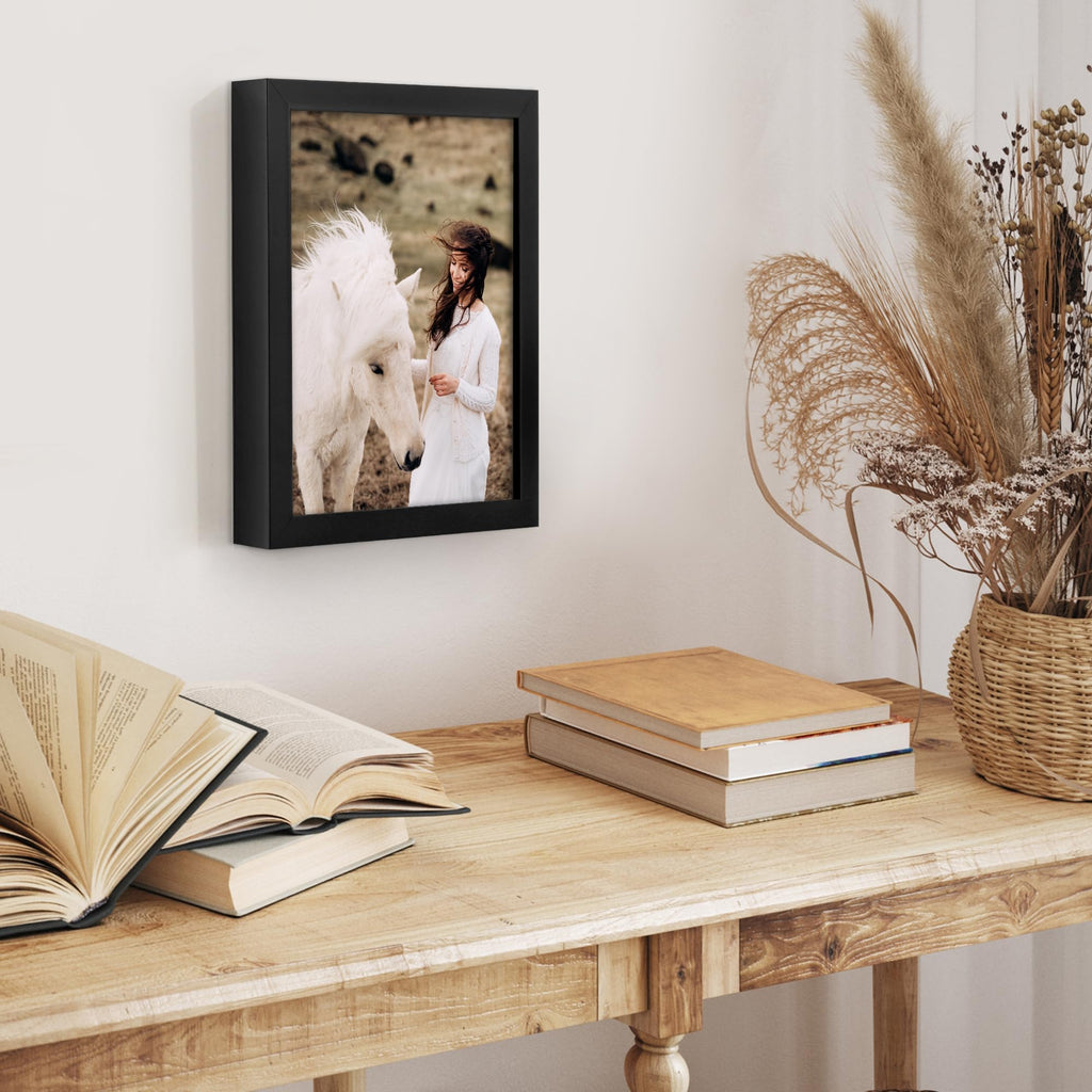 Americanflat 5x7 Picture Frame with Shatter-Resistant Glass - Soho Collection - Gallery Style Deep Molding Picture Frames for Tabletop and Wall Display - Black