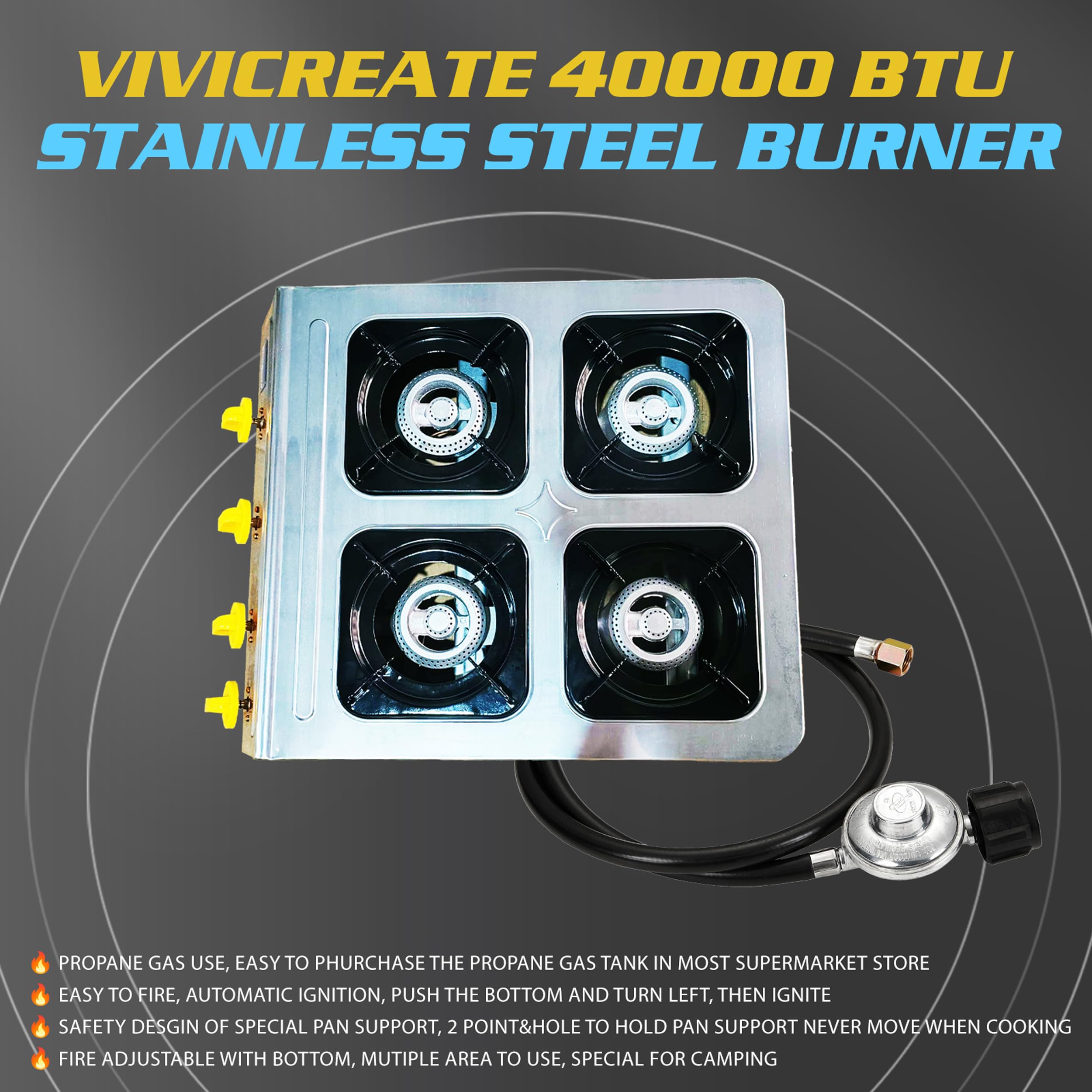 Vivicreate 3 Burner Propane Gas Stove 30000 BTU Stainless Steel Cooktop with Enamel Pan Supports Electronic Ignition for Outdoor Cooking Camping BBQ Estufa de Gas Portátil Fogón de Gas