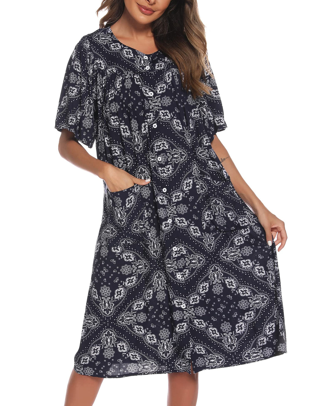 COSUNIONY House Dresses for Women Cotton Short Sleeve House Coat Buttons Down Dusters Robe with Pockets S-XXL