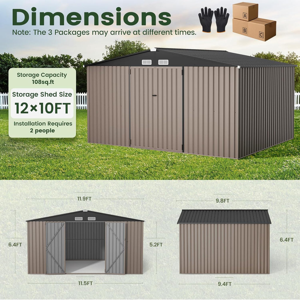 GVDV - Cobertizo de almacenamiento al aire libre de 10 x 12 pies, almacenamiento exterior de metal duradero para jardín, patio y patio trasero, refugio impermeable para herramientas y equipo