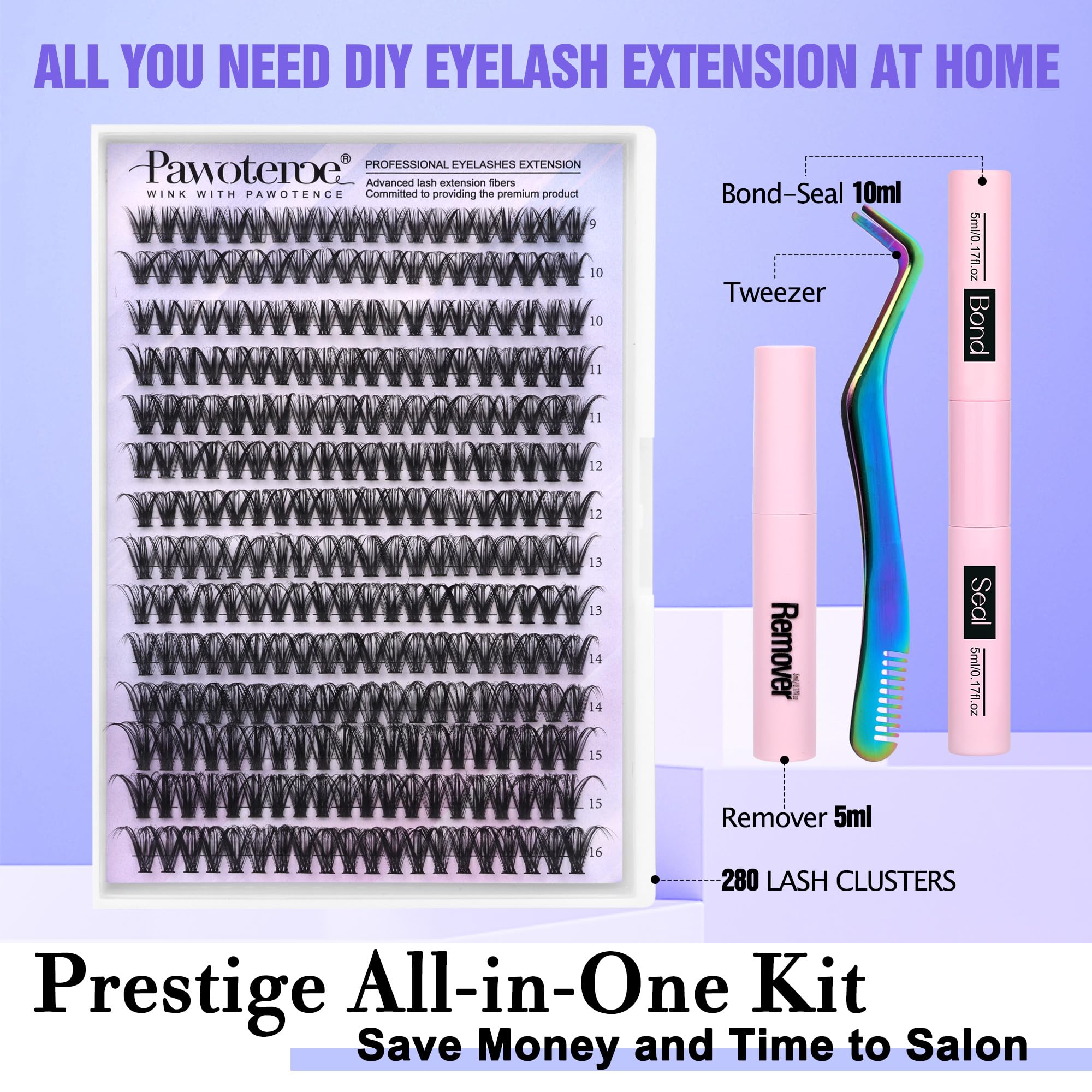 Pawotence Lash Extension Kit DIY 280pcs Individual Lash Clusters Kit 20D&30D Natural 9-15mm Cluster Eyelash Extensions Kit with Lash Bond and Seal, Tweezers for Self Use (20D&30D, 0.07D, 9-15mm, Kit)