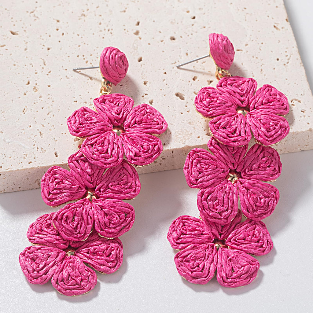 Boho Flower Earrings Statement Raffia Dangle Earrings Cute Floral Jewelry Trendy Summer Beach Vacation Outfits for Women