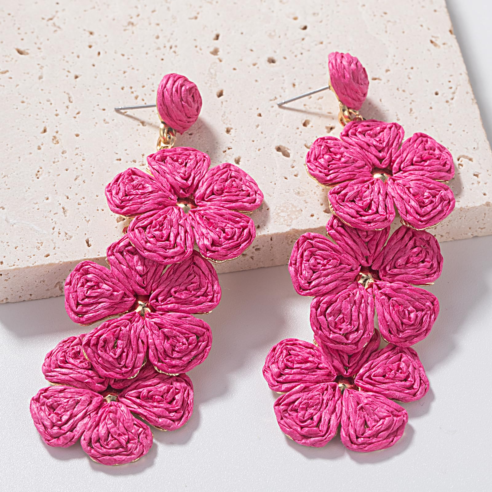 Boho Flower Earrings Statement Raffia Dangle Earrings Cute Floral Jewelry Trendy Summer Beach Vacation Outfits for Women
