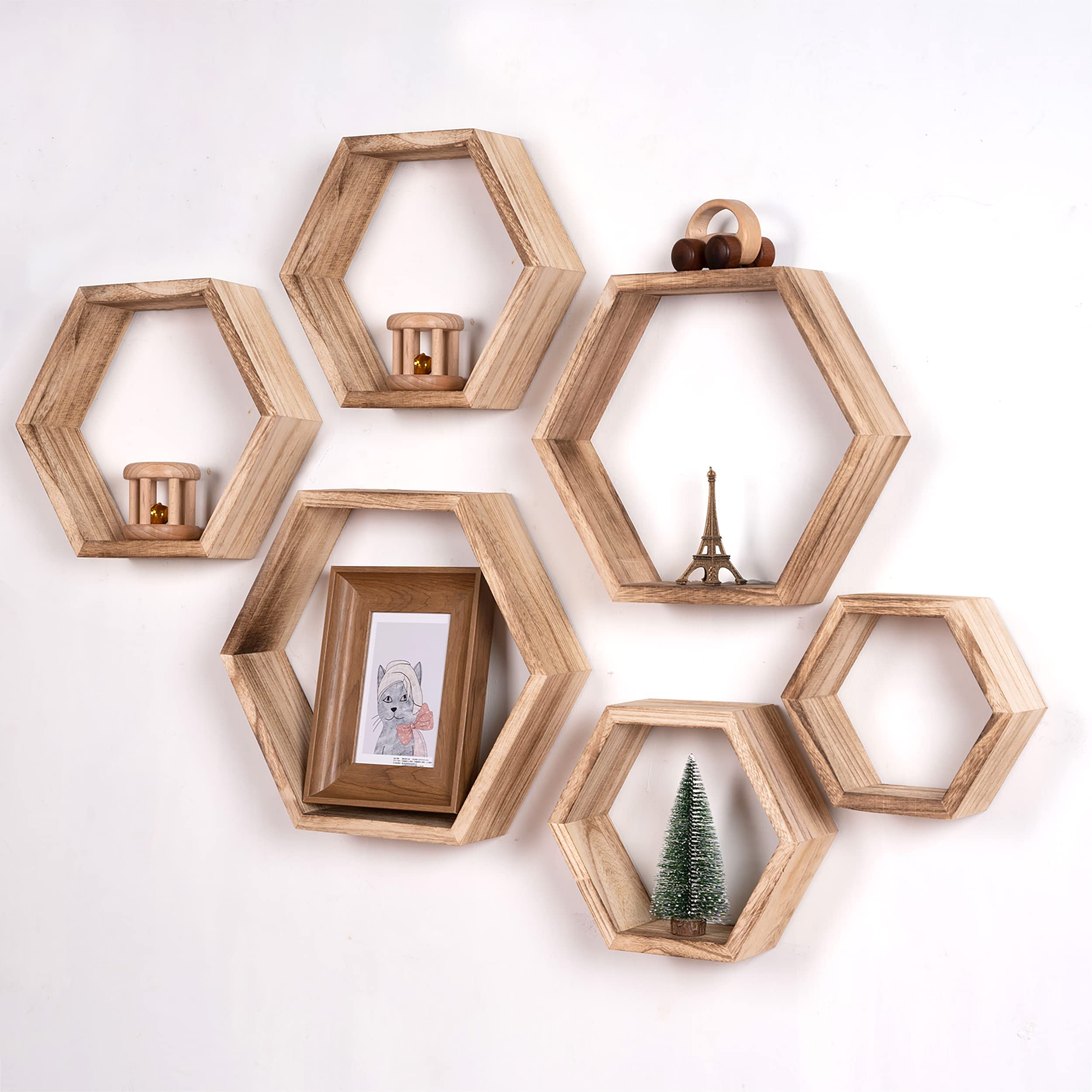 WONFUlity Hexagon Shelves for Wall Mounted, Wood Farmhouse Storage Honeycomb Floating Shelves for Wall Decor,Screws Anchors Included,5pc