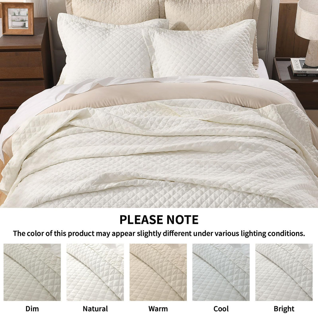 Grassix Linen Quilt Set Queen Size 3-Piece, 100% Linen Front & Cotton Back, Prewashed Diamond Stitch Bedspread with 2 Shams, Lightweight Breathable Quilt for Hot Sleepers, Modern Farmhouse Bedding