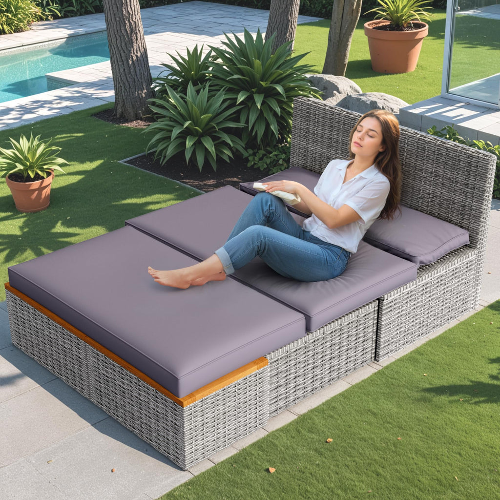 Devoko Outdoor Daybed Set Multifunctional Patio Day Bed Rattan Lounge Bed with 2 Side Tables for Backyard Porch Poolside Lawn Beach (Beige White)