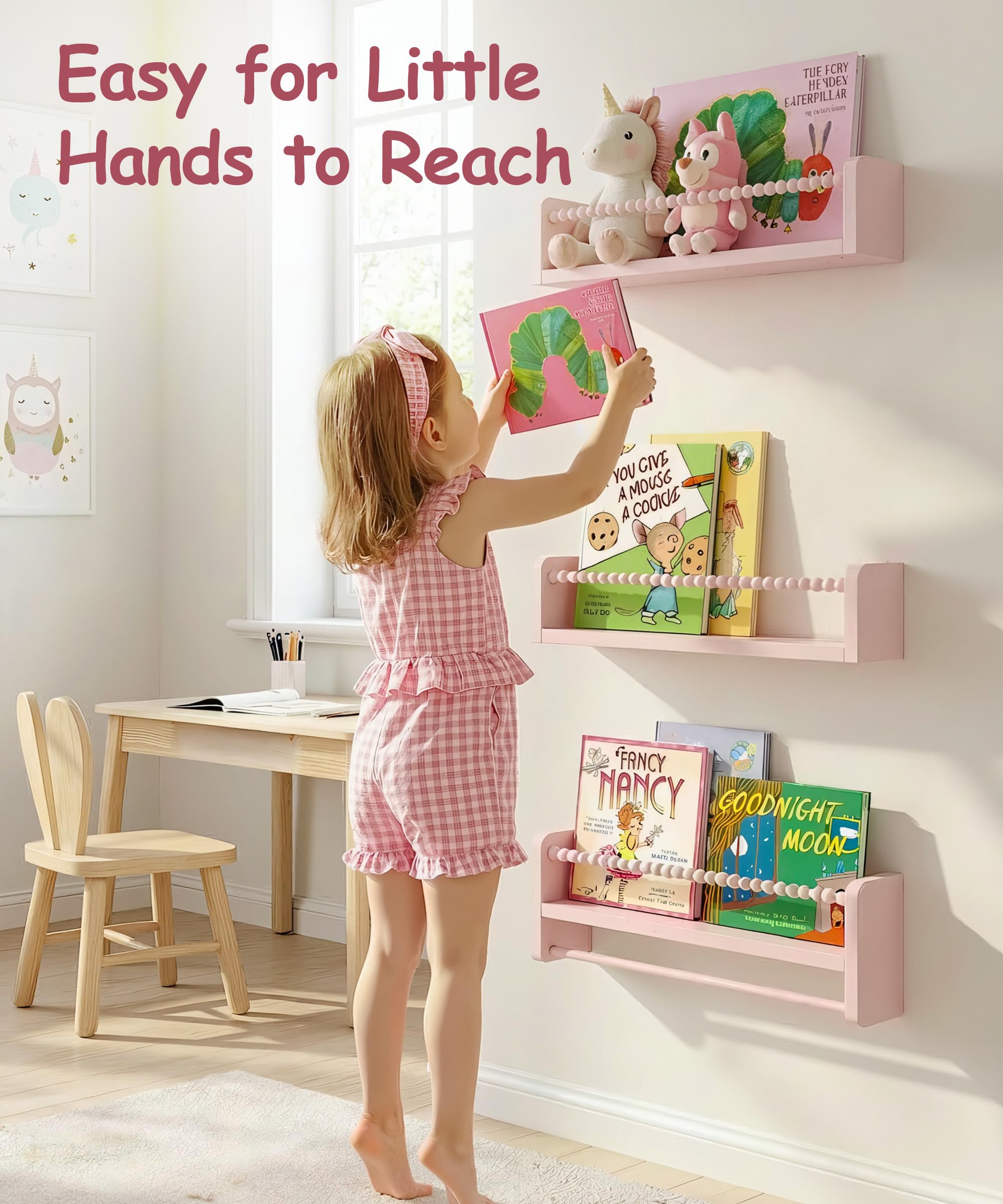 Nursery Book Shelves for Wall Set of 3, Natural Wood Bookshelves Wall Decor, Small Floating Shelf Organizer for Kids Room, Bedroom, Kitchen Spice Rack