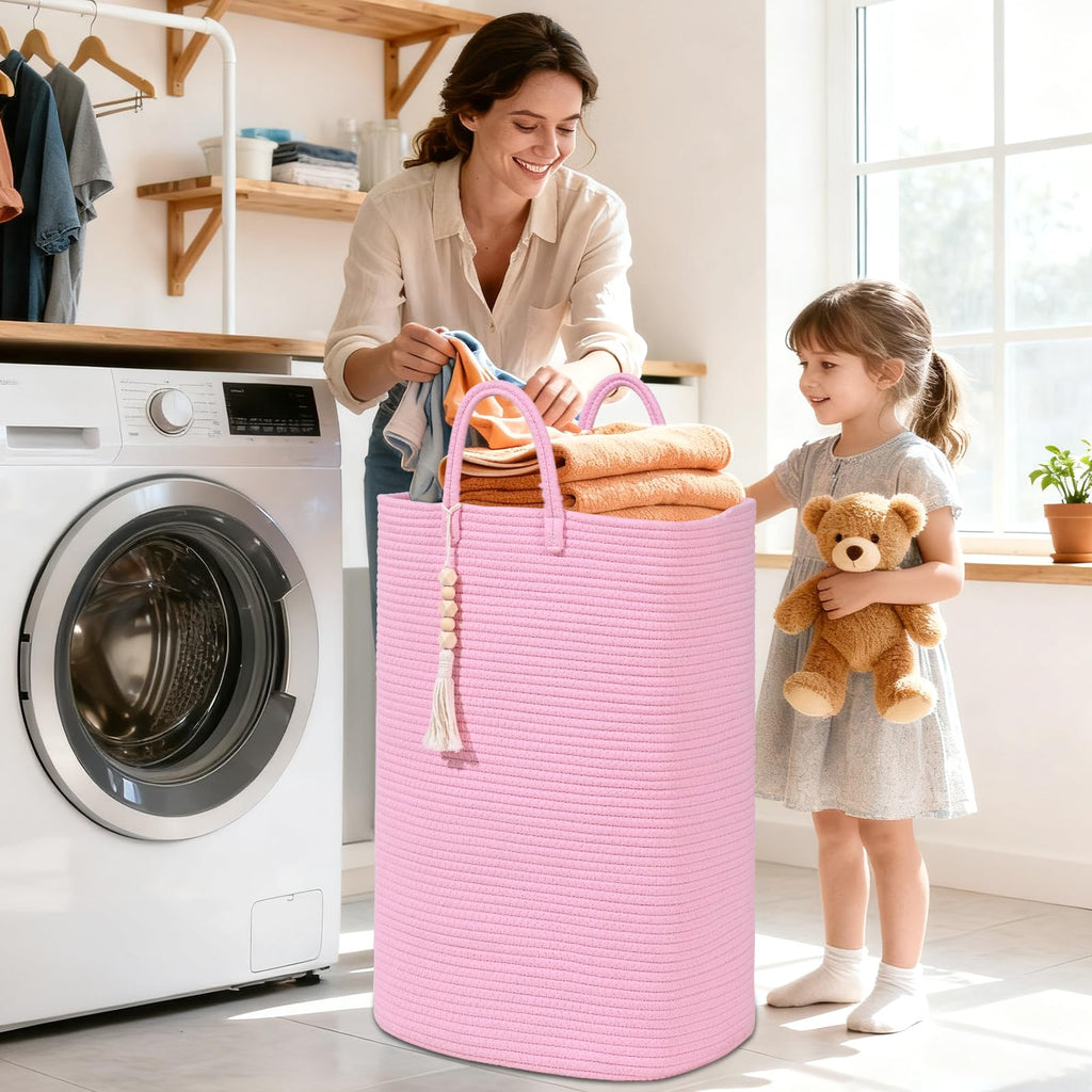 Woven Laundry Basket for Clothes, 50L Large Rectangle Laundry Hampers with Beads Tassel, Nursery Storage Basket for Toys, Tall Dirty Clothes Hamper for Bedroom Aesthetic, Laundry Room Organization