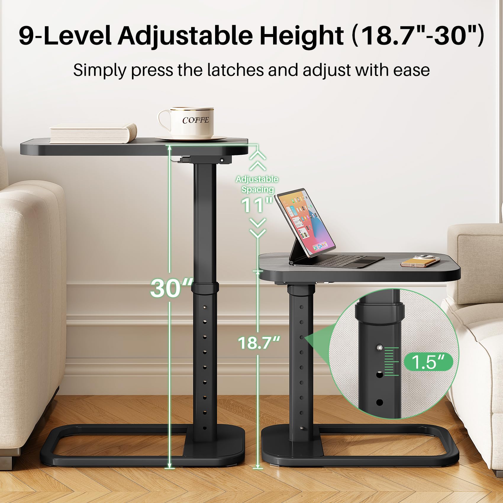 Kitstorack TV Tray Table, Adjustable Height & Rounded Metal Corners, Snack Table for Couch, Sofa, Bed, Chair, Living Room, C Shaped End Side Table for Eating, Dinner or Laptop, Small Spaces, Black