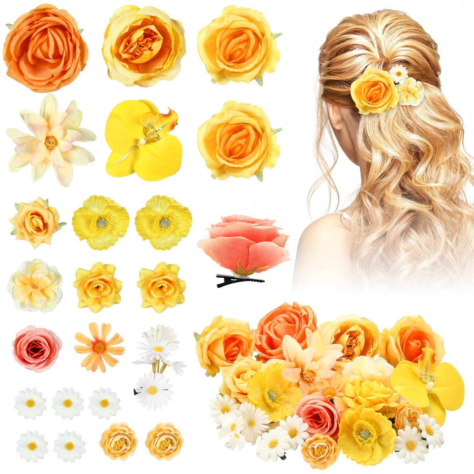 BBTO Flower Hair Clip Rose Hair Clips Barrettes for Women Flower Accessories Boho Bride Claw Clip Hairpin Brooch Pin Headpiece for Wedding(Beige Orange Series,21 Pcs)