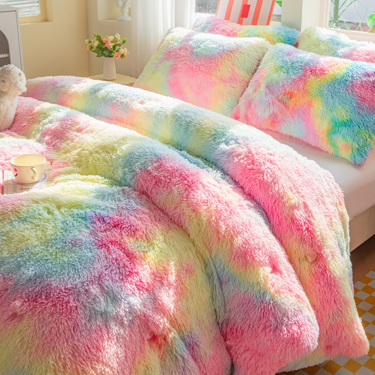 Faux Fur Kids Girls Purple Rainbow Comforter Sets Twin/Full - 3PC Bed Set Warm Comfortable Soft Plush Flannel Velvet Fluffy Fuzzy Bedding（Comforter x 1 Pillowcases x 2）
