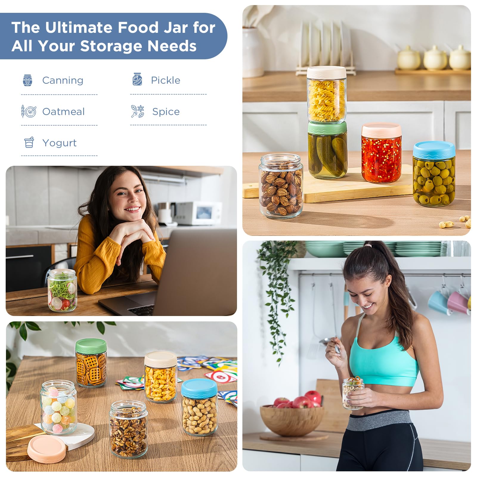 DRKIO 10 Oz Overnight Oats Containers with Lids - 4 Pack Glass Storage Jars with Airtight Lids Wide Mouth Mason Food Jars Great for Meal Prep Salad Chia Pudding Snacks Yogurt Sugar Spice Cereal