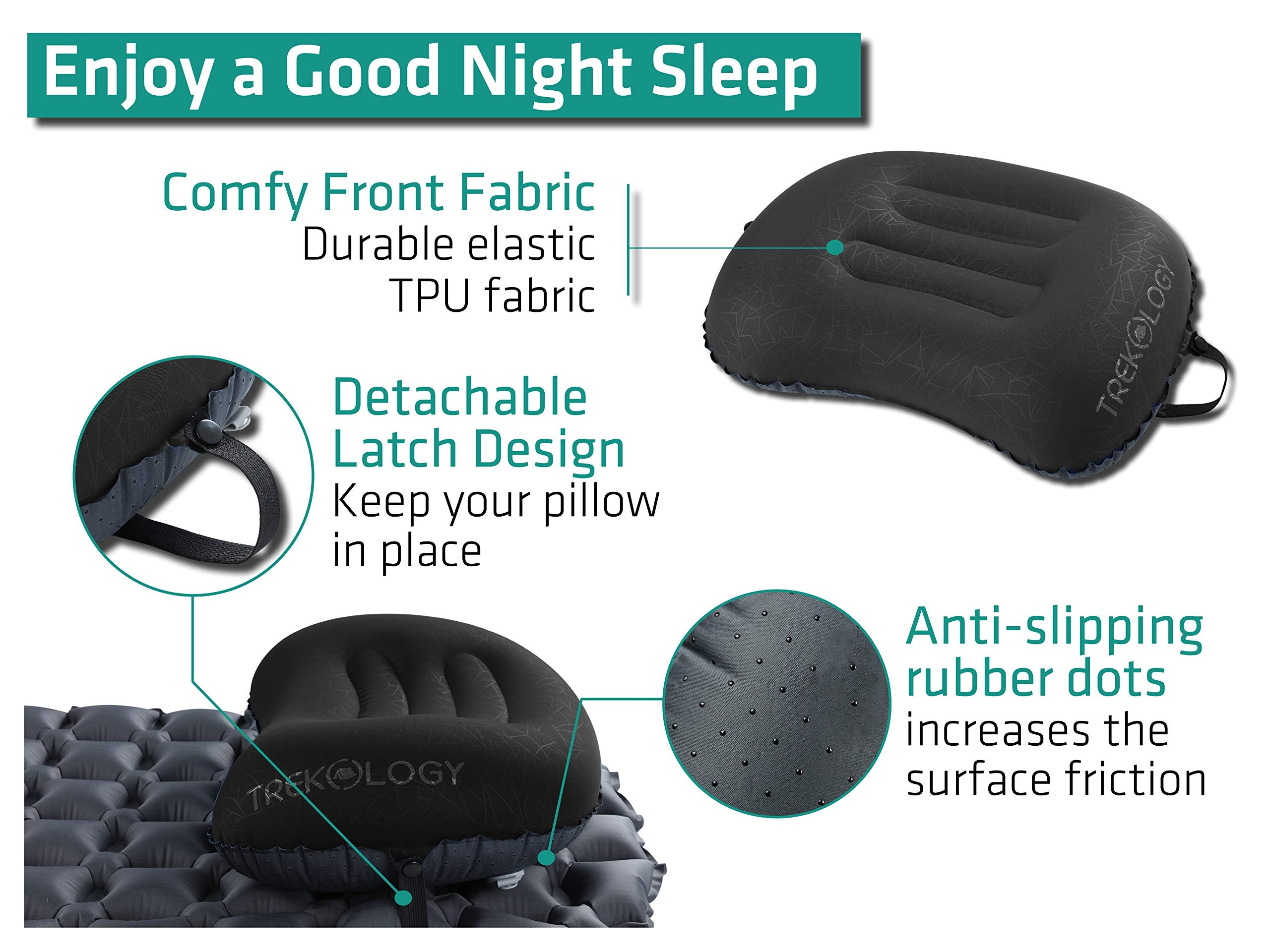 TREKOLOGY Ultralight Inflatable Camping Travel Pillow - ALUFT 2.0 Compressible, Compact, Comfortable, Ergonomic Inflating Pillows for Neck & Lumbar Support While Camp, Hiking, Backpacking