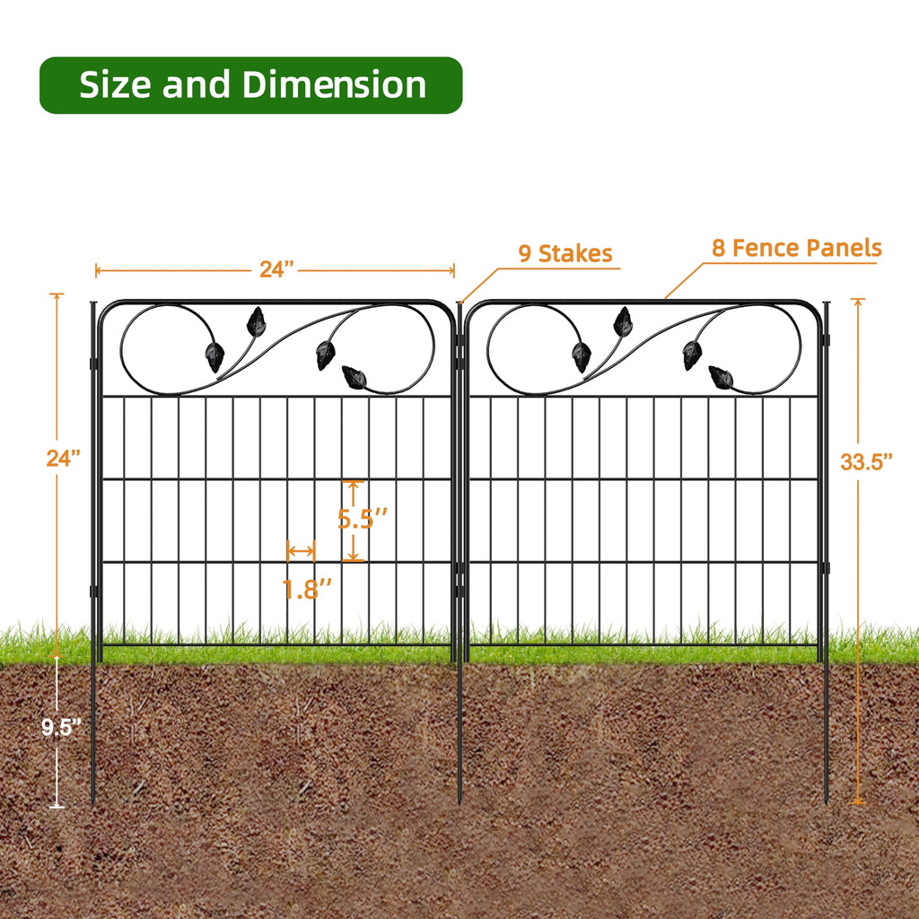 FOREHOGAR Decorative Metal Garden Fence 24in(H) X10ft(L) 5 Panels Leaf Black Rustproof Wire Border Fence for Landscape Patio Flower Bed Garden Fencing Panel Animal Barrier for Dogs