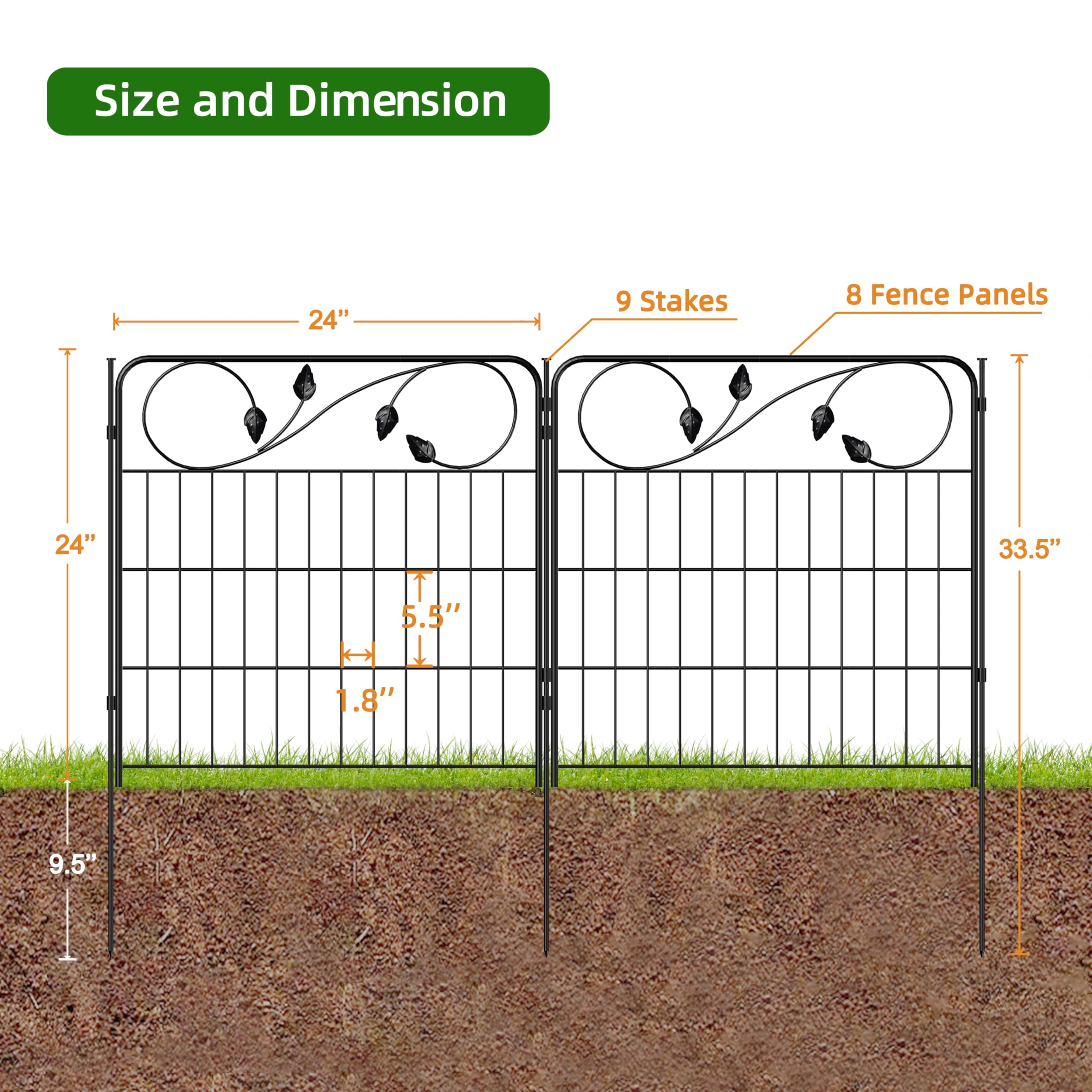 FOREHOGAR Decorative Metal Garden Fence 24in(H) X10ft(L) 5 Panels Leaf Black Rustproof Wire Border Fence for Landscape Patio Flower Bed Garden Fencing Panel Animal Barrier for Dogs