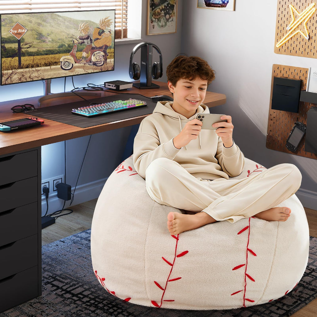 Sports Baseball Bean Bag Chair - Luxurious Bean Bag Chairs for Kids Teens Adults - Floor Sofa Couch with Filler - Plush BeanBag Furniture for Living Room Bedroom College Dorm - 32 Inch
