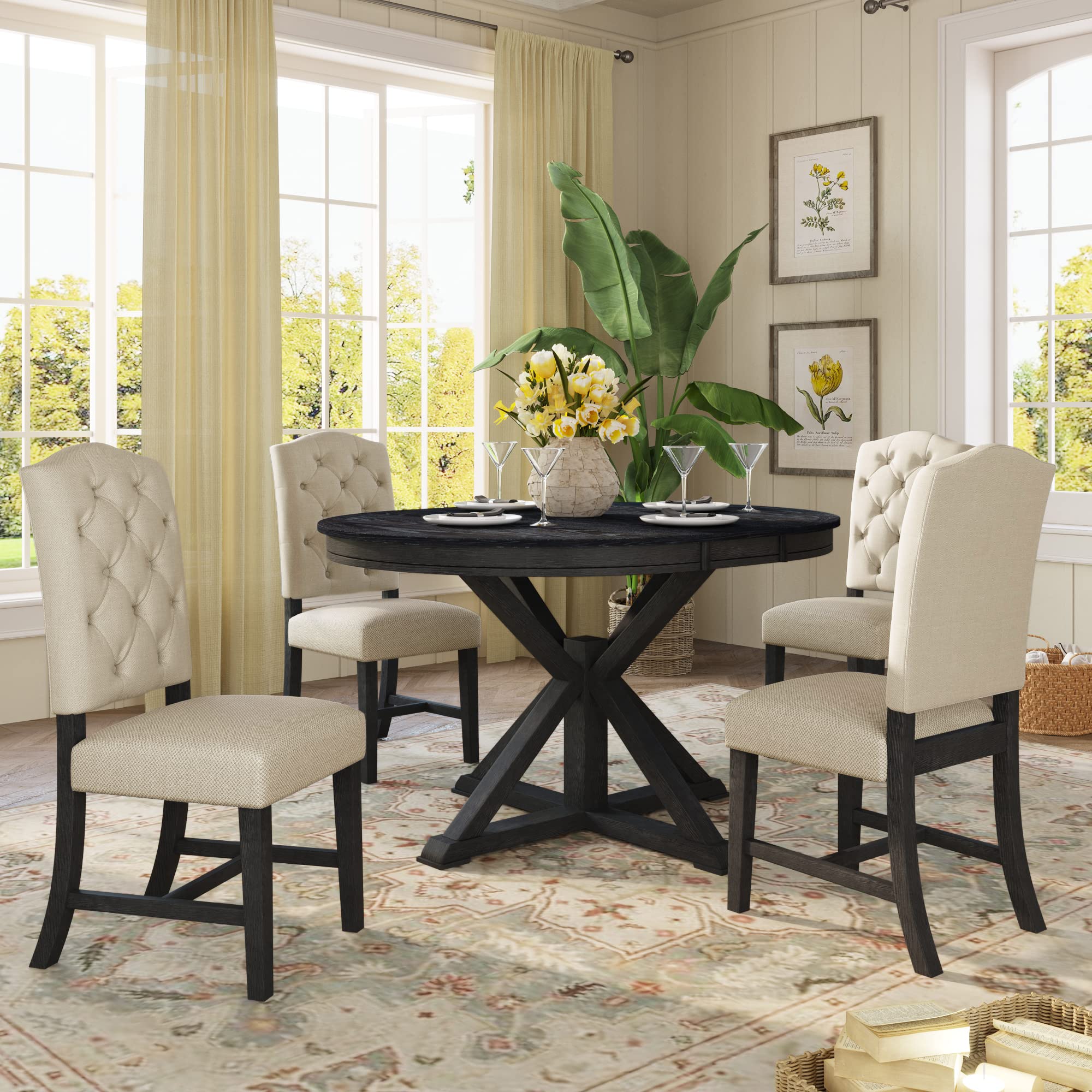 LUMISOL Round Dining Table for 4-6 People, 41"-57" Extendable Kitchen Table with 16" Removable Leaf for Small Places, Kitchen, Dining Room, Espresso