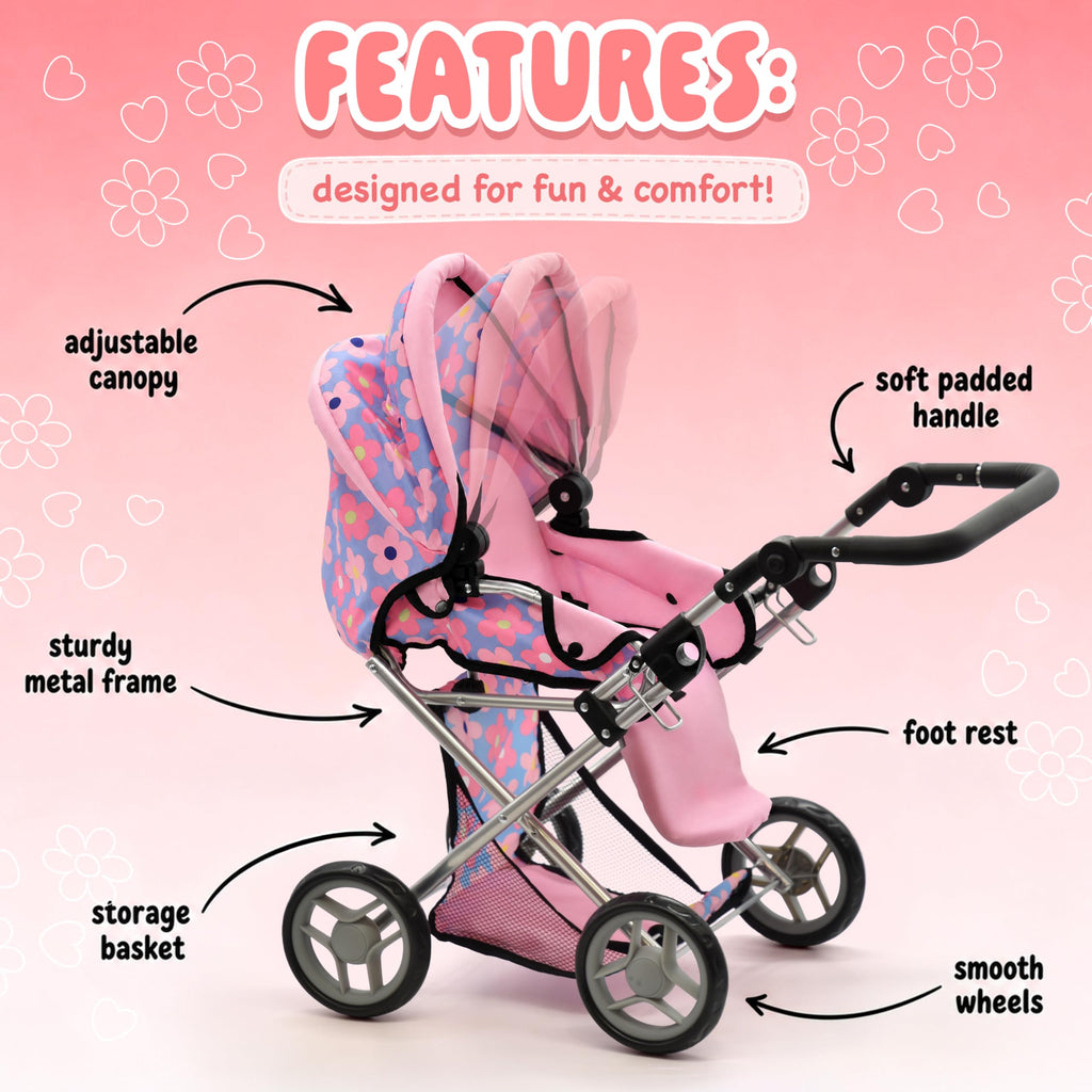 Baby Doll Convertible Pram Stroller with Removable Travel Bassinet Carrier for Kids Adjustable Handle Buggy Carriage with Canopy and Storage Basket 25 Inch Pink, Black