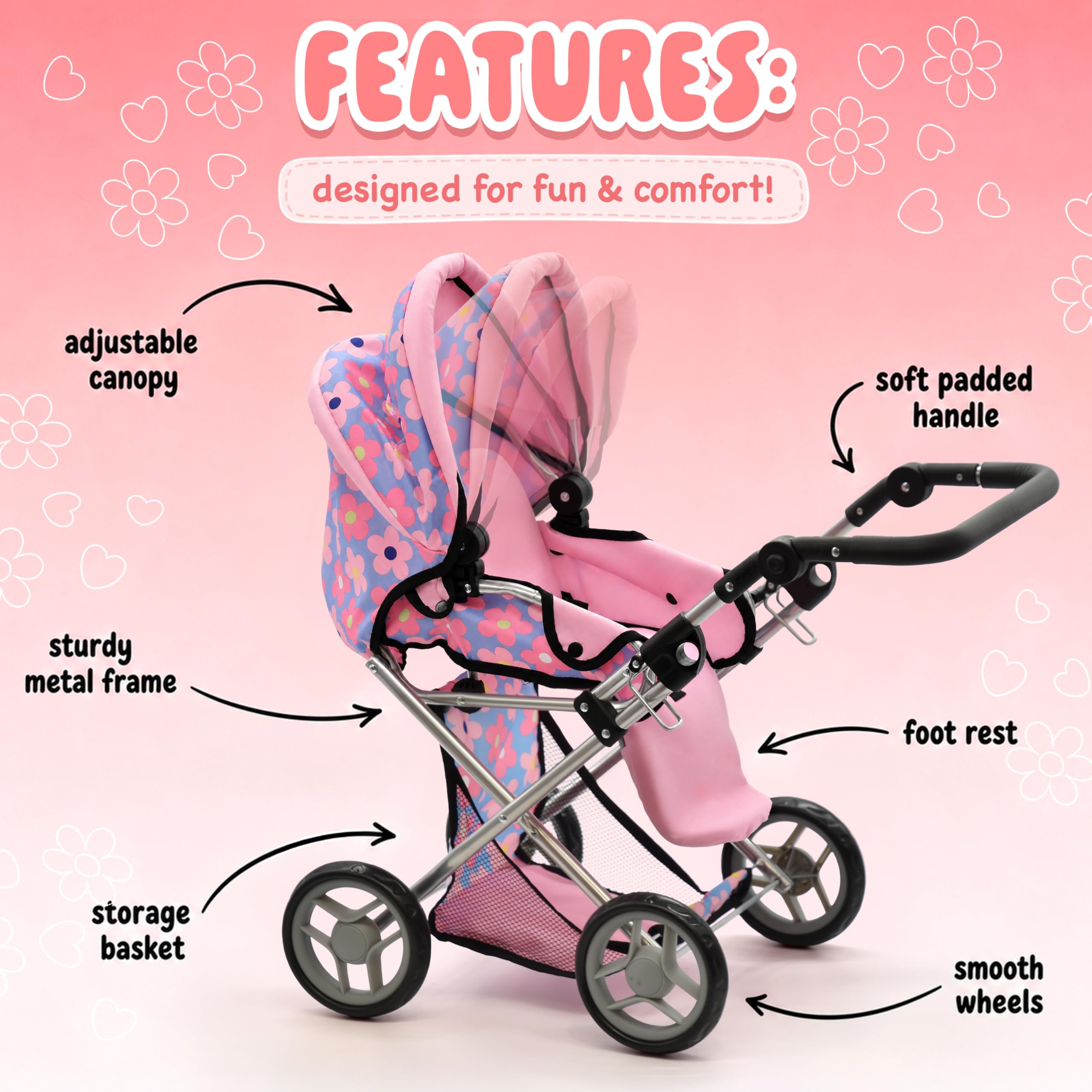 Baby Doll Convertible Pram Stroller with Removable Travel Bassinet Carrier for Kids Adjustable Handle Buggy Carriage with Canopy and Storage Basket 25 Inch Pink, Black