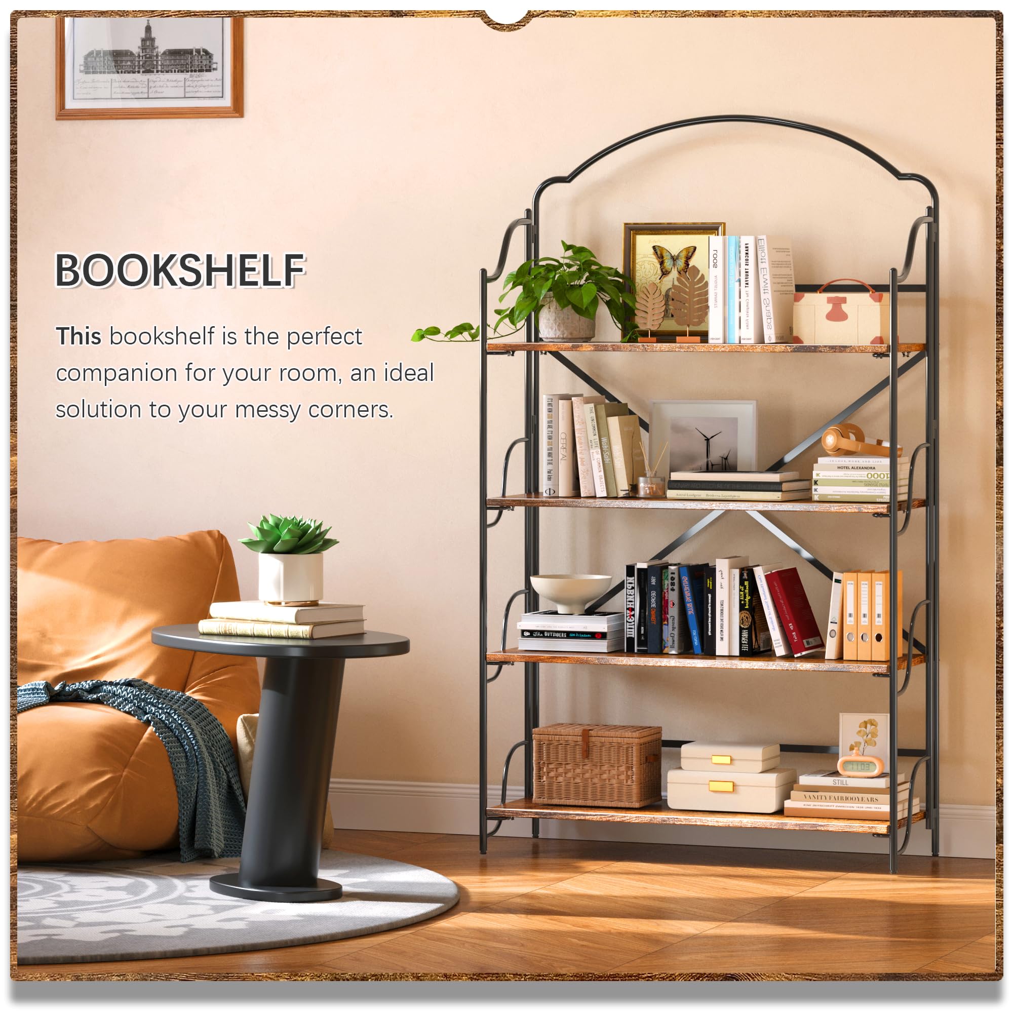4NM No Assembly Folding Bookshelf, 3 Tiers Collapsible Book Shelves Open Industrial Foldable Storage Bookcase Shelf for Bedroom, Living Room, Home Office - Natural and White