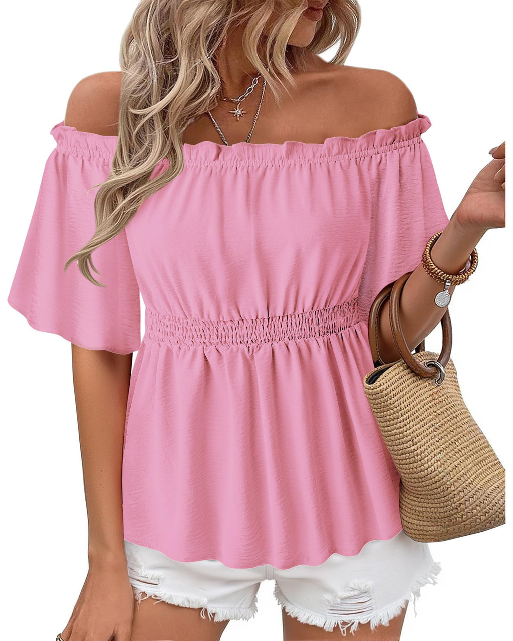 Bebonnie Women's Summer Sexy Off The Shoulder Peplum Tops Ruffle Sleeve Dressy Blouses