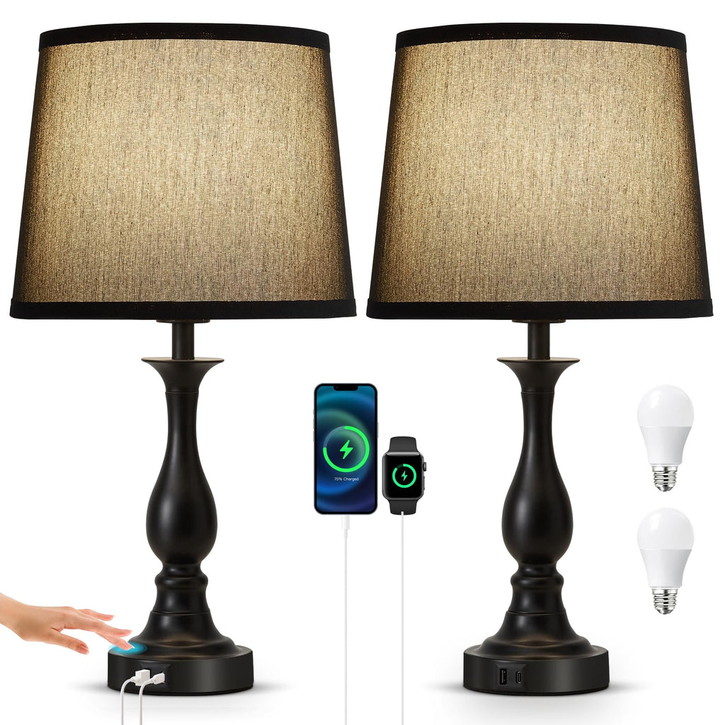 Bedside Table Lamp Touch Control Bedroom Lamps with USB A and C Charging Port 3 Way Dimmable Touch Lamps for Nightstand Living Room Bedroom Dorm Home Office Reading, Set of 2